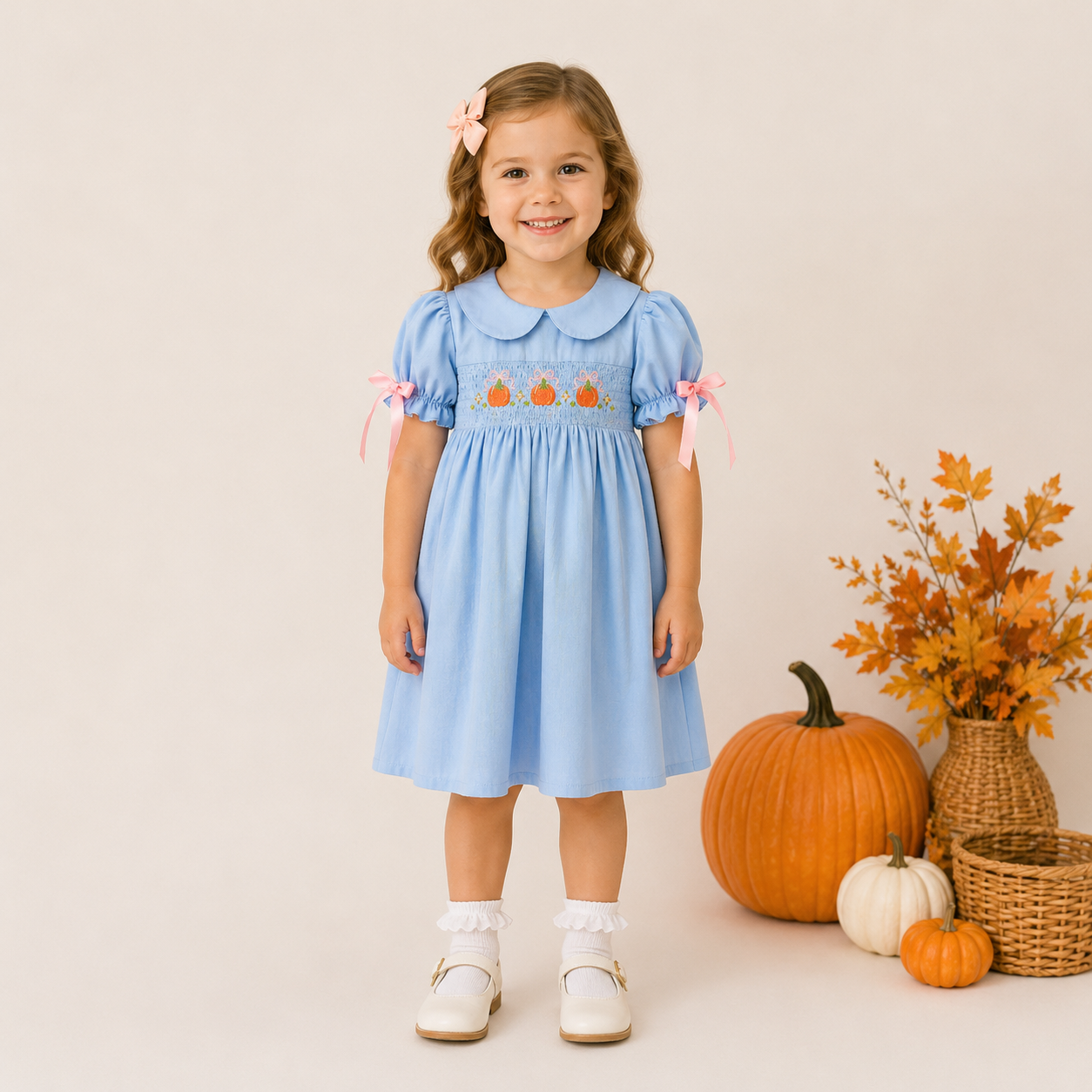 (In Stock)Girls Pumpkin Embroidery Smocked Cotton Dress