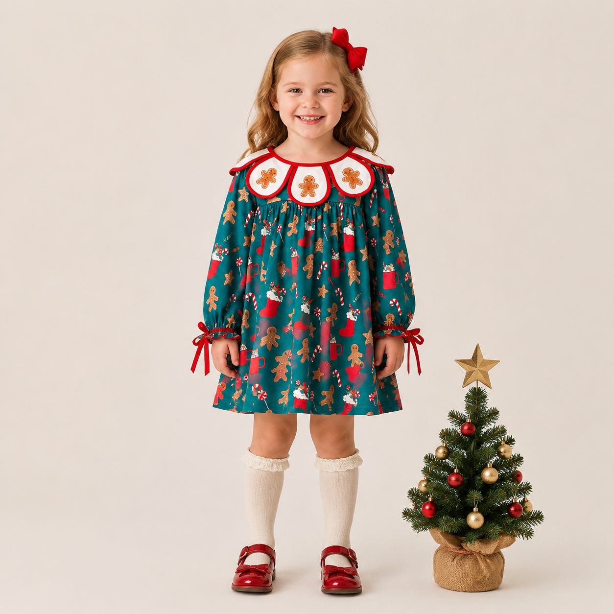 (In Stock)Girls Christmas Gingerbread Embroidery Petal Collar Dress