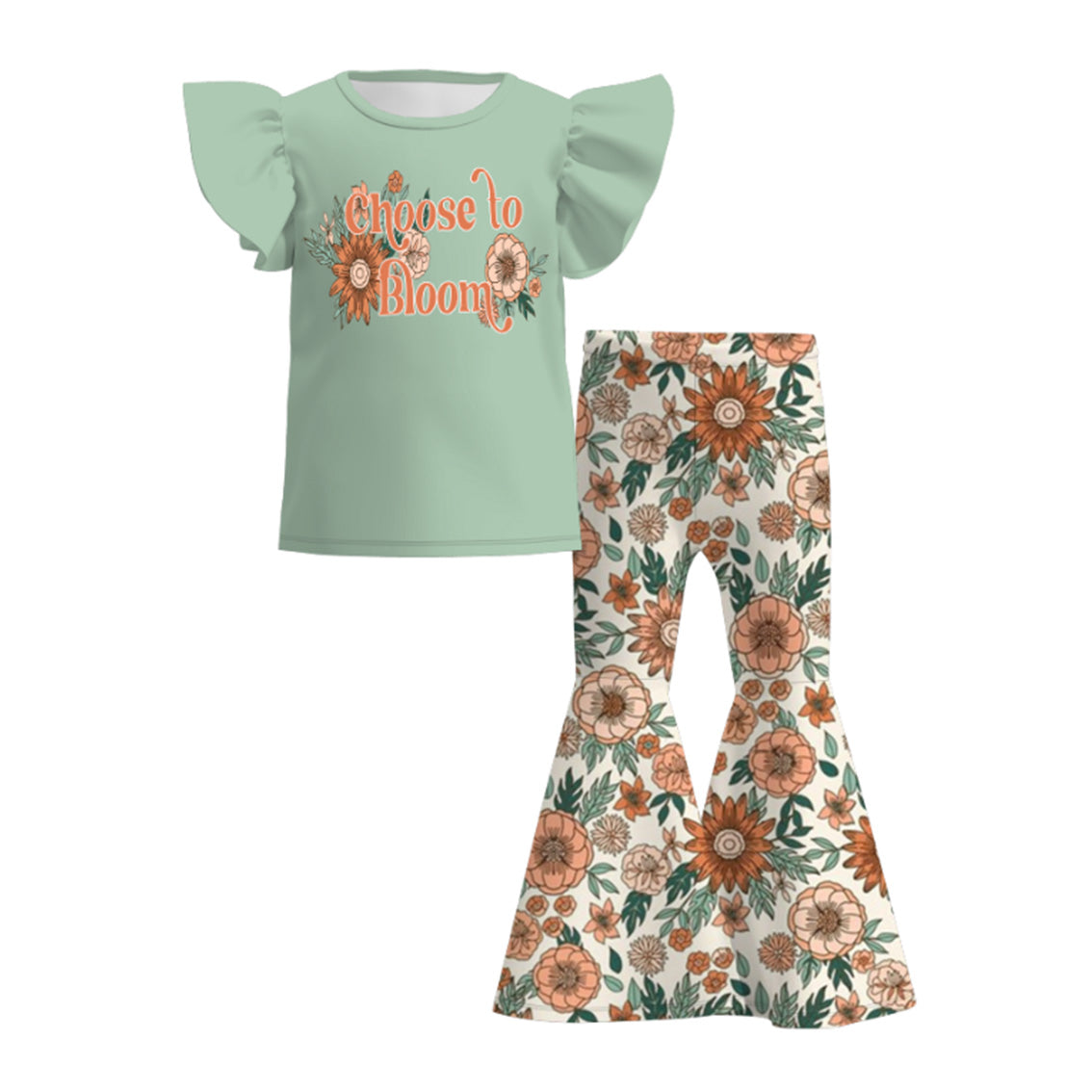 (Pre Order)Girls Vintage Floral Print Flare Pants Set