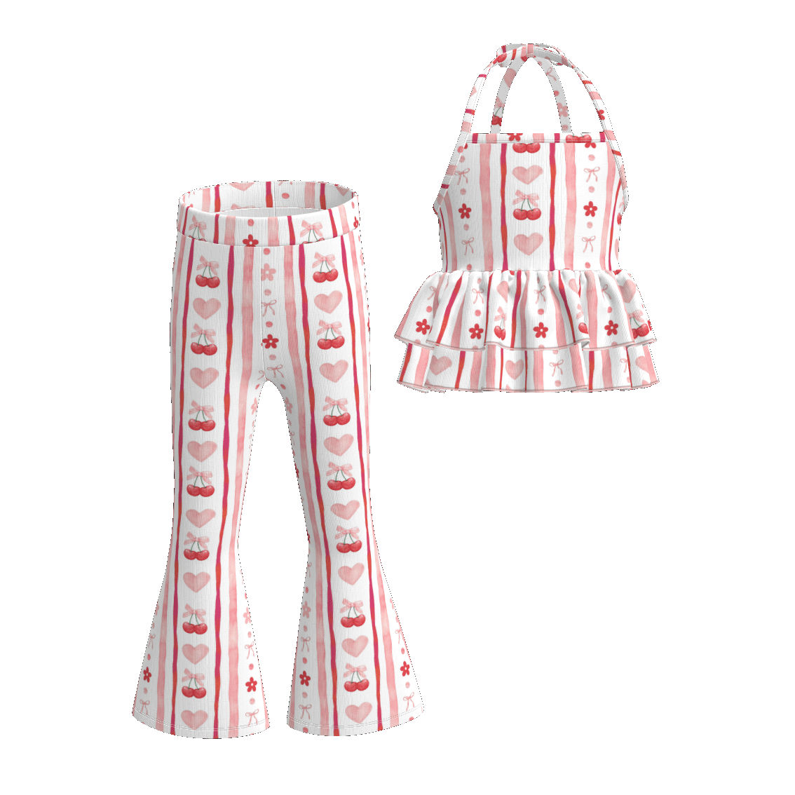 (Pre Order)Girls Spring and Summer Cherry Print Outfit Set