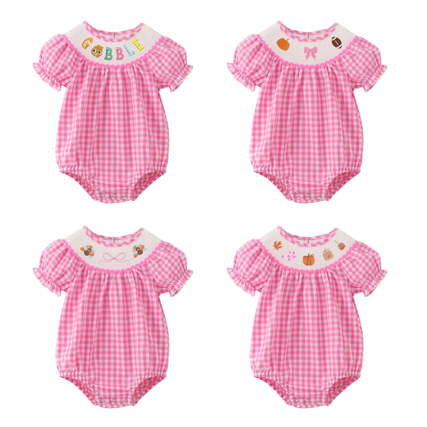 (Pre Order)Baby Girls Pink Plaid Thanksgiving Embroidery Smocked Romper