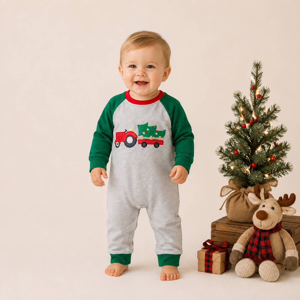 (In Stock)Toddler Boys Christmas Applique Cotton Romper