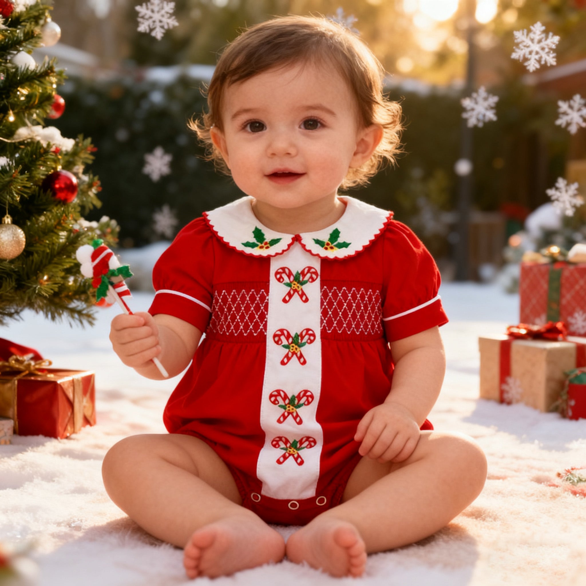 (In Stock)Baby Girls Christmas Embroidery Smocked Romper