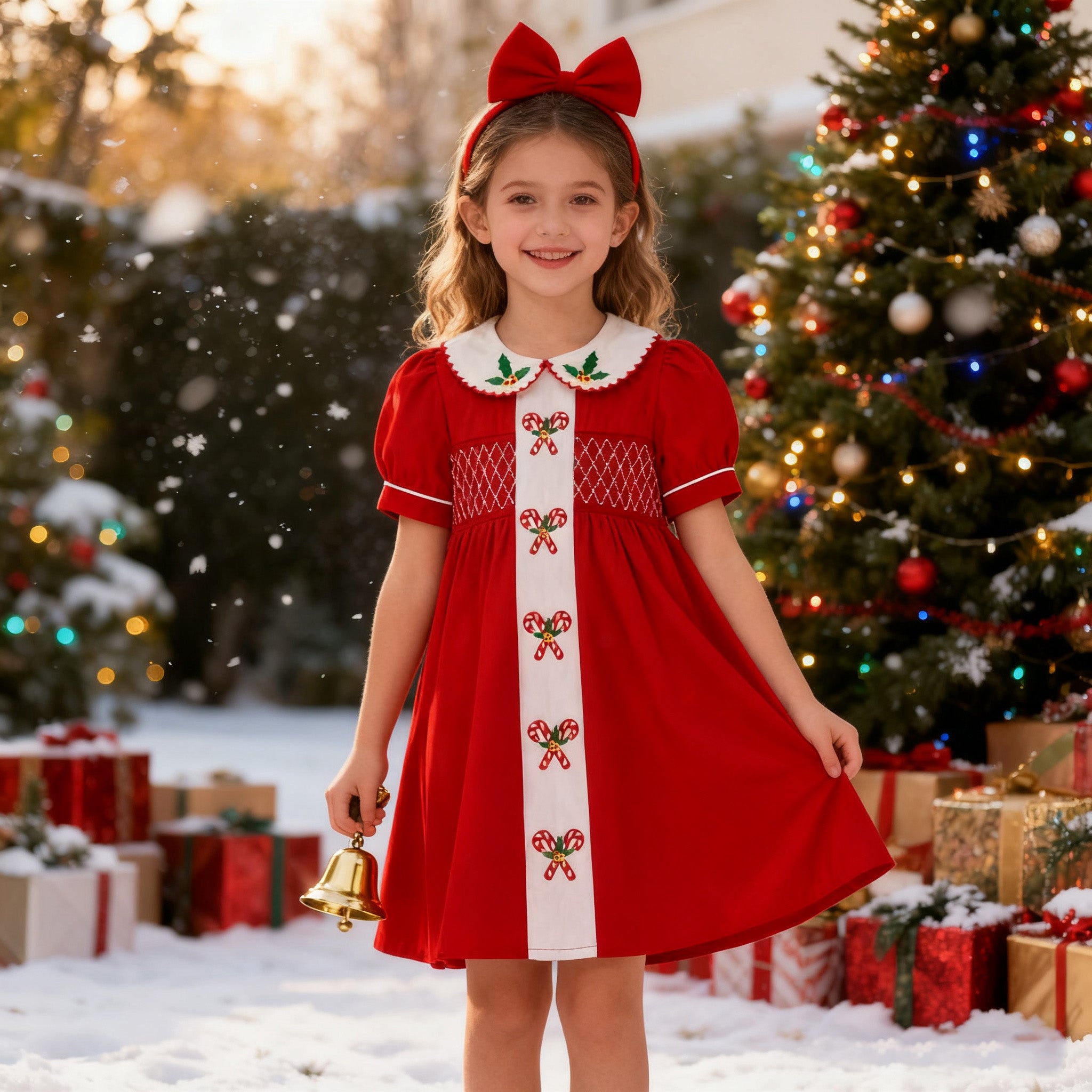 (In Stock)Girls Christmas Embroidery Smocked Dress