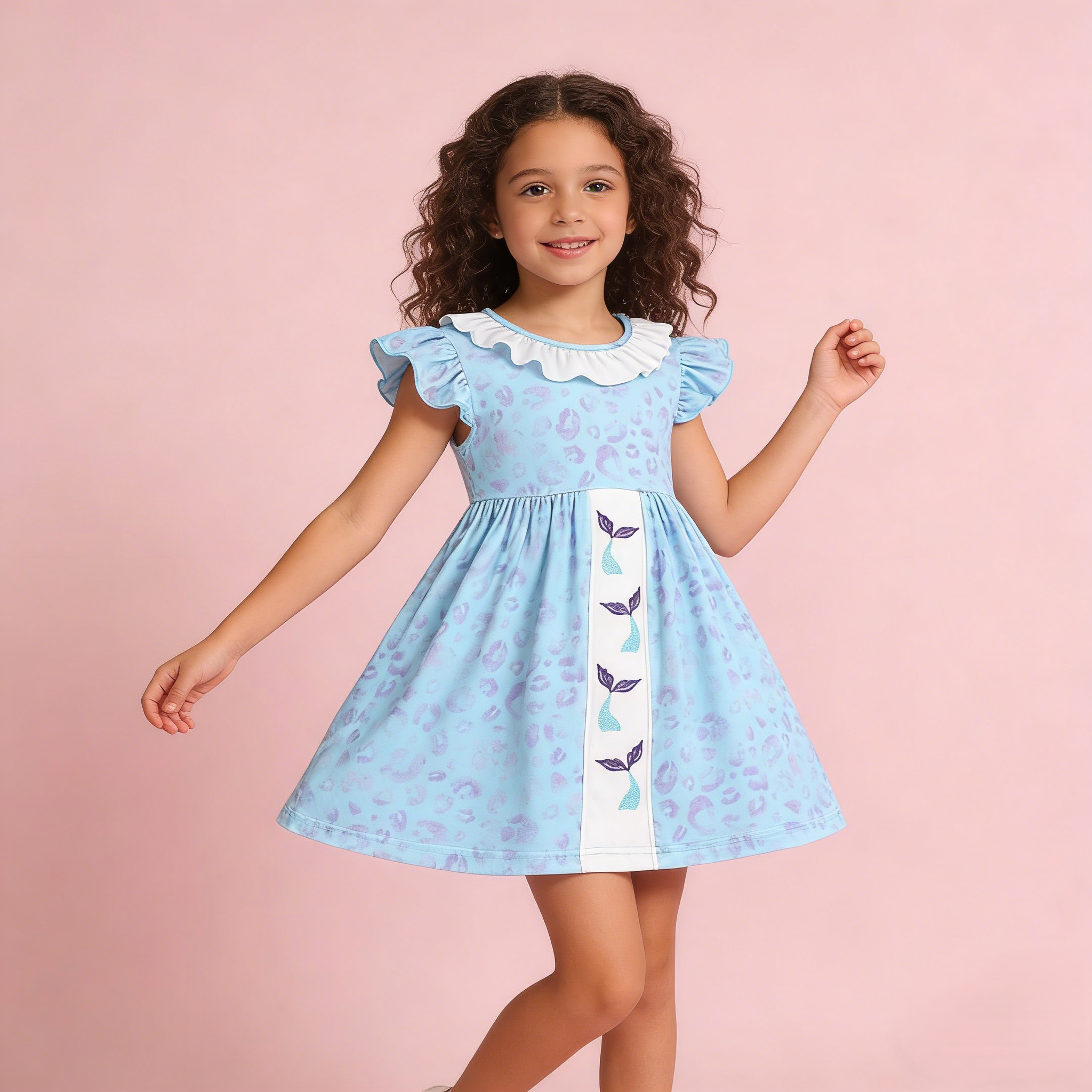 (In Stock)Girls Spring and Summer Blue Leopard Mermaid Dress