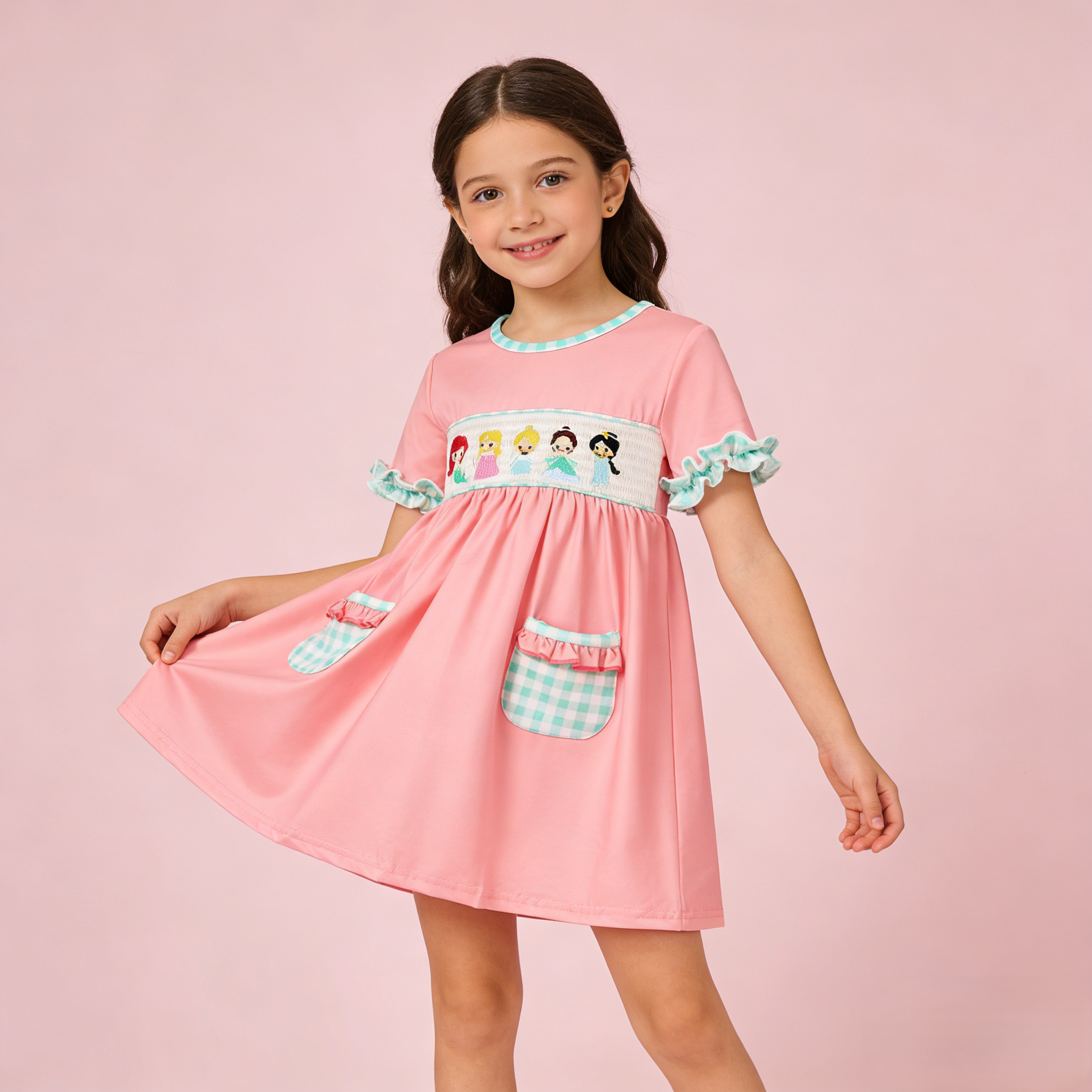 (In Stock)Girls Spring and Summer Princess Embroidery Smocked Dress