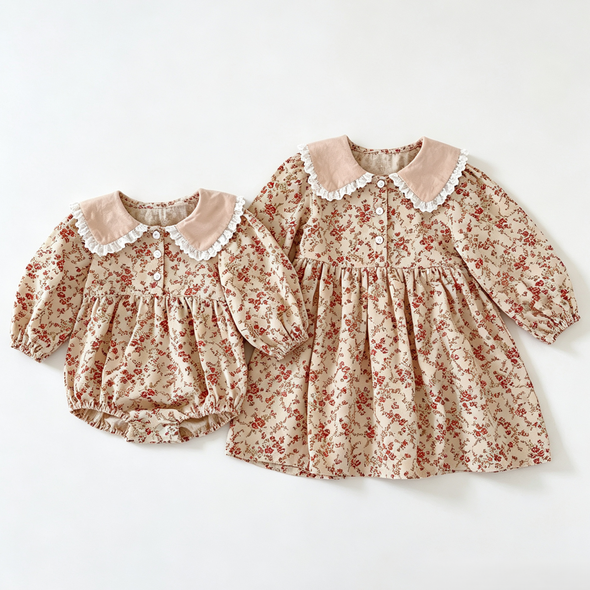 (Pre Order 2 Weeks)Sisters Floral Print Baby Collar Dress&Romper