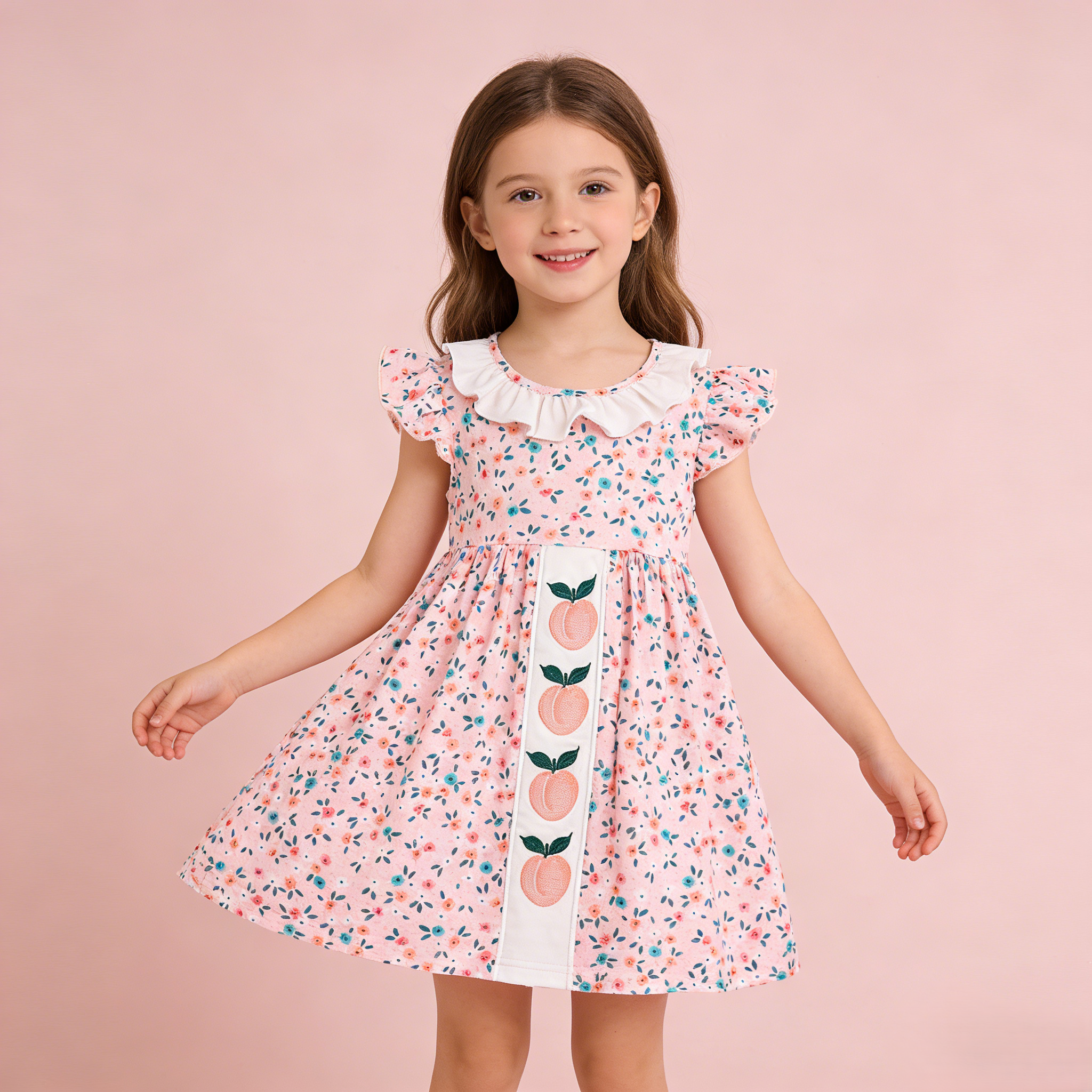 (In Stock)Girls Spring and Summer Pink Floral Peach Embroidery Dress