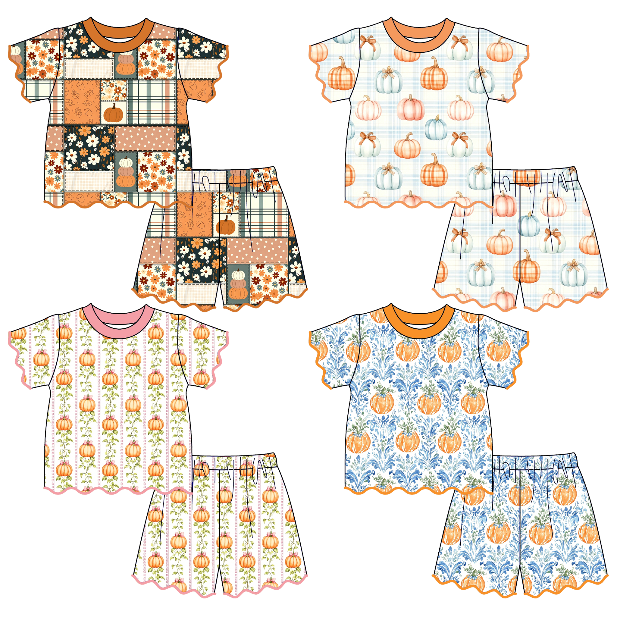 (Pre Order)Girls Fall Pumpkin Scallop Shorts Set