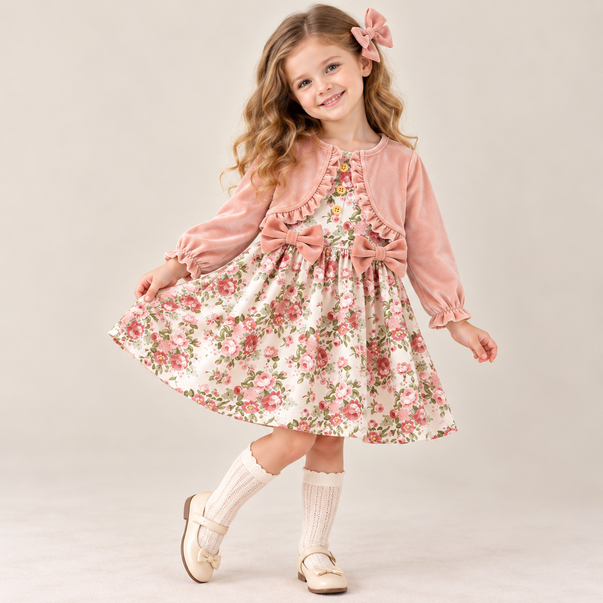 (In Stock)Girls Fall Floral Print Dress with Velvet Shawl
