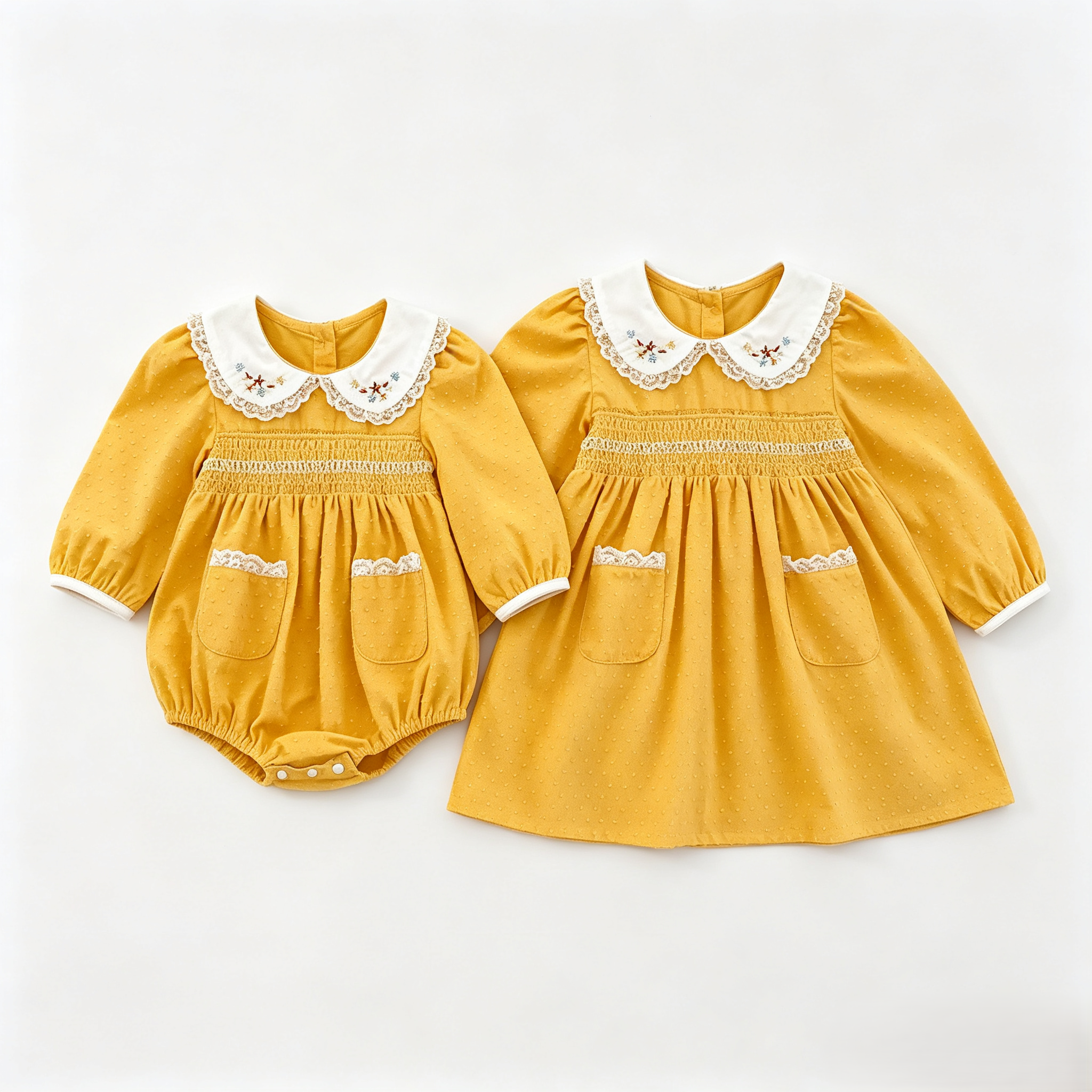 (Pre Order 2 Weeks)Sisters Fall Baby Collar Smocked Dress&Romper