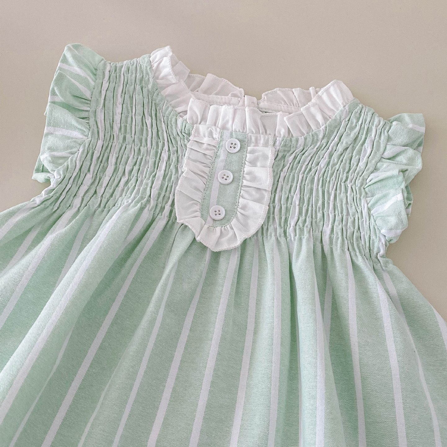 (In Production)Girls Spring and Summer Mint Smocked Stripe Dress