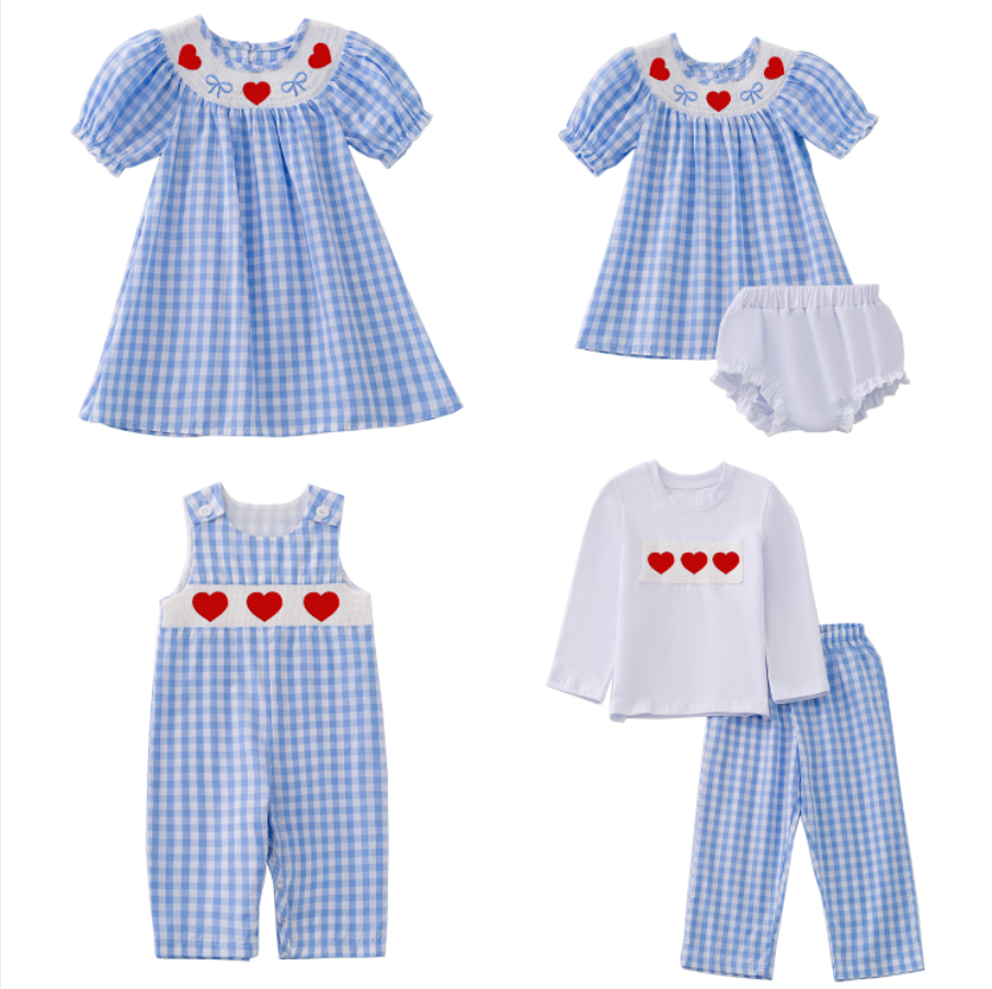 (Pre Order)Girls and Boys Valentine's Day Embroidery Smocked Dress Romper Outfit