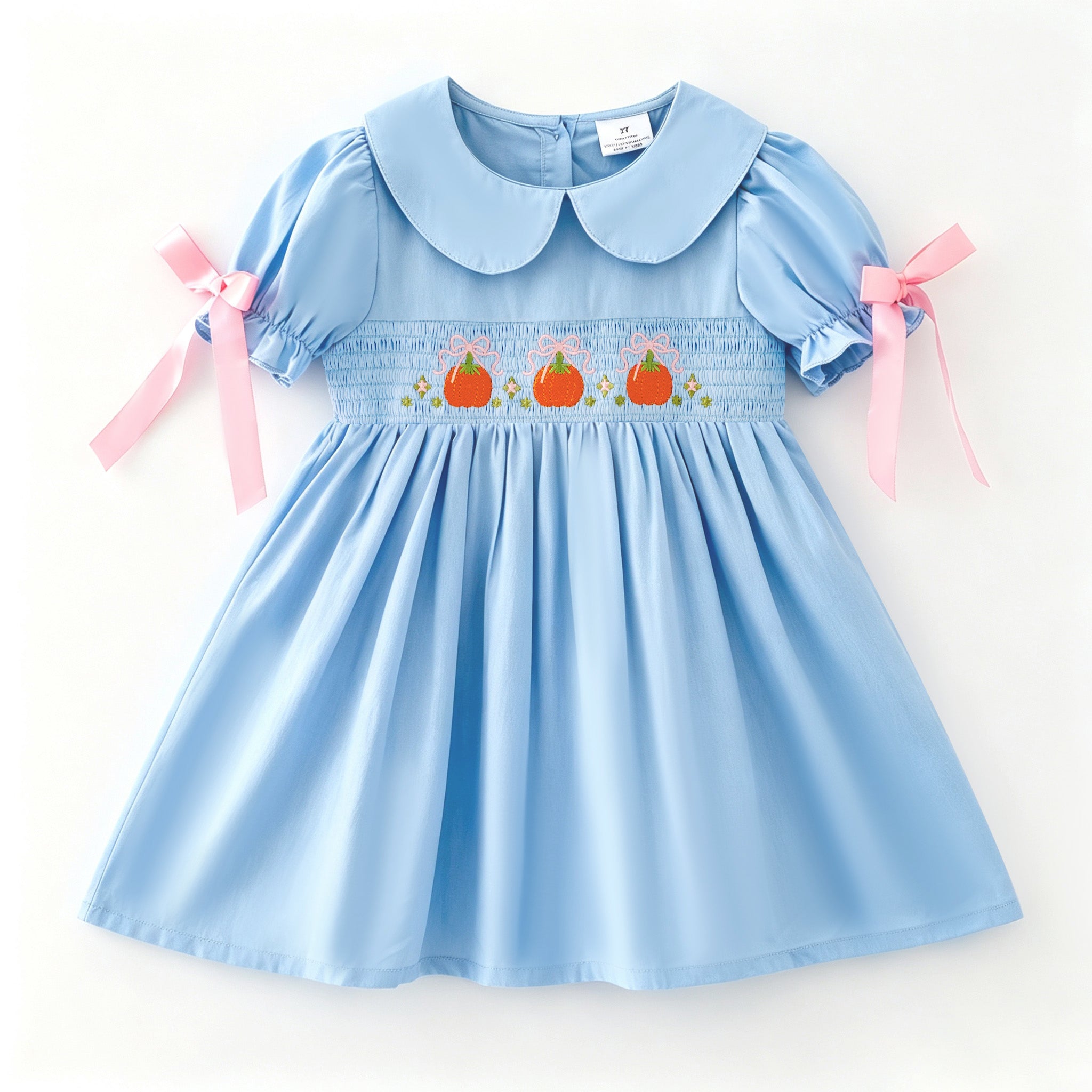 (In Stock)Girls Pumpkin Embroidery Smocked Cotton Dress