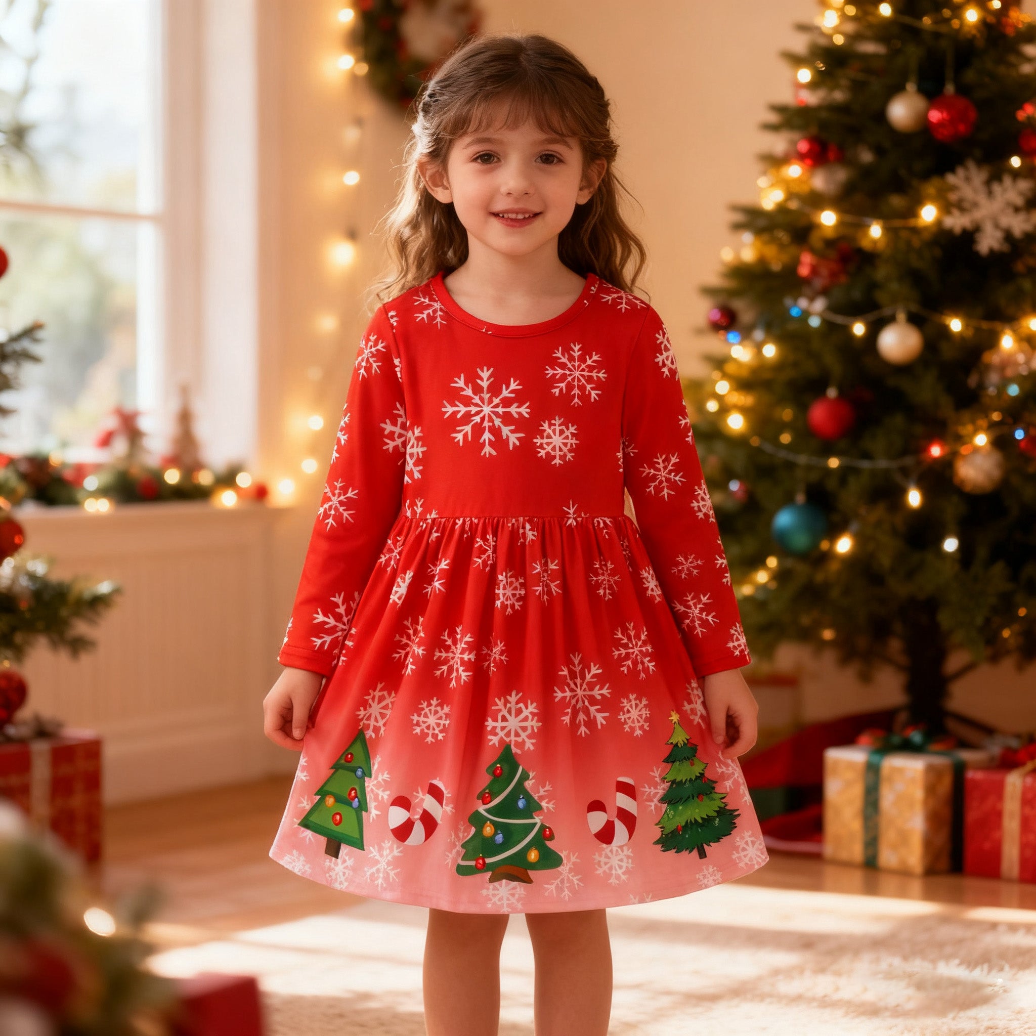 (In Stock)Girls Christmas Snowflake Print Dress