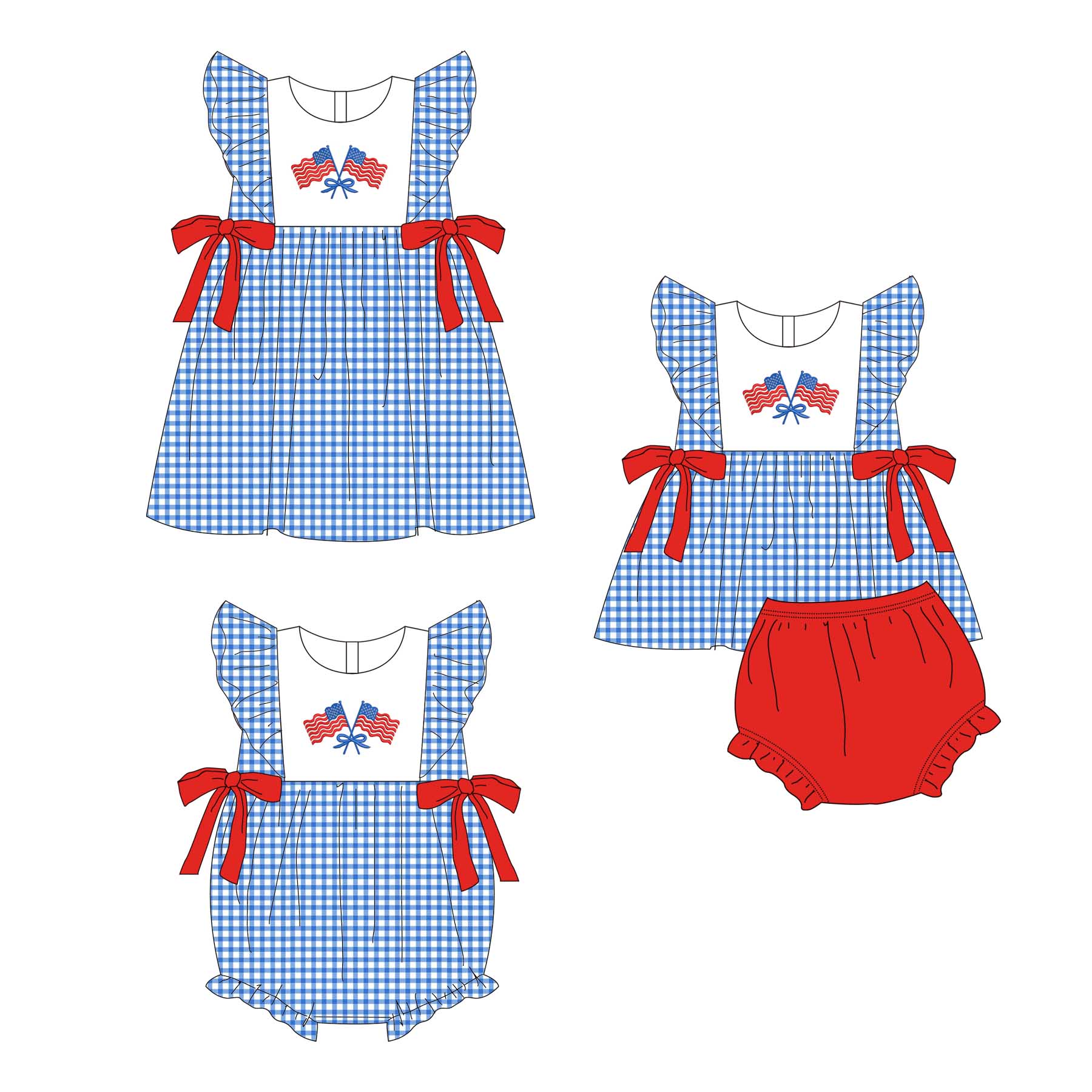 (Pre Order)Sisters Patriotic Embroidery Dress,Romper&Bloomer Set