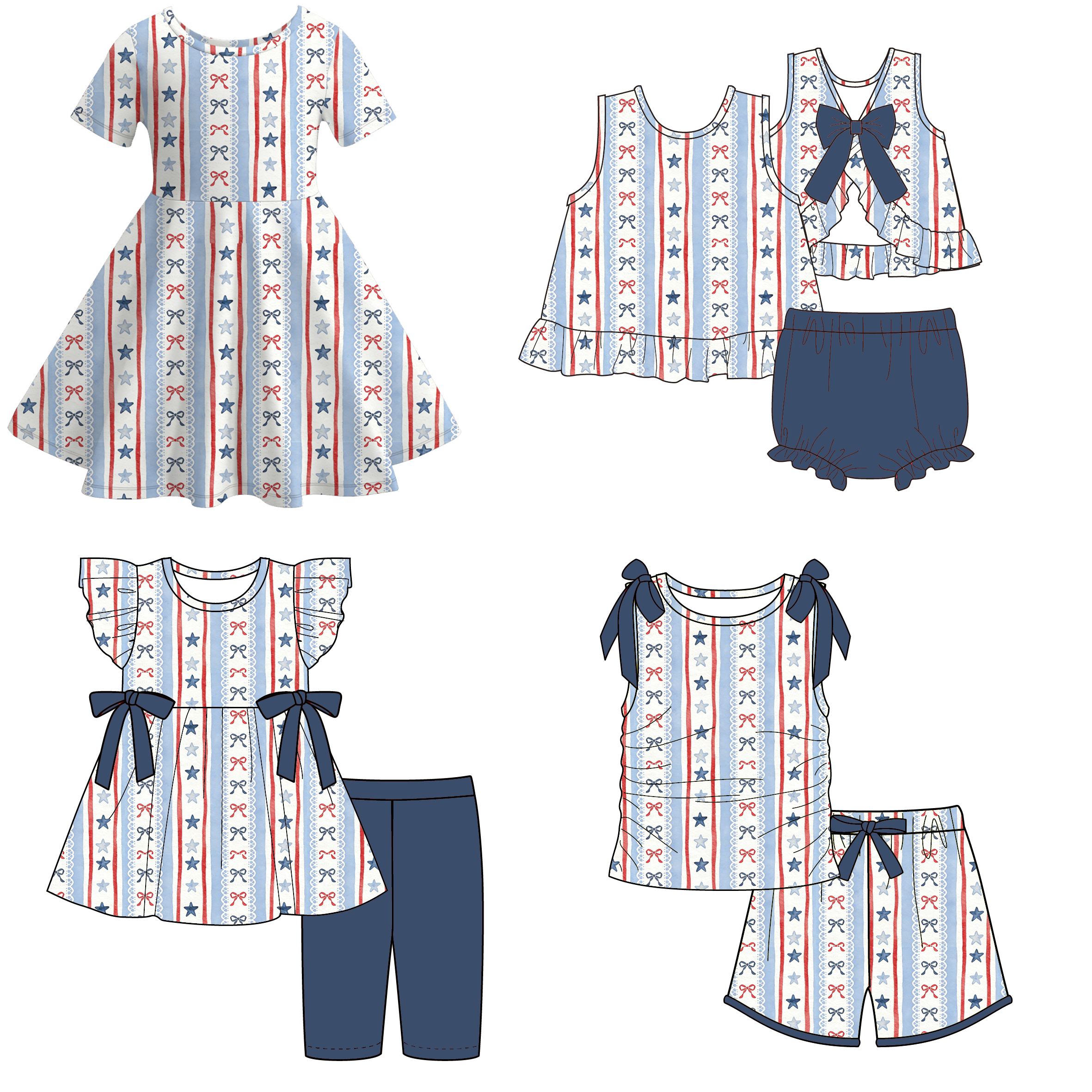 (Pre Order)Family Summer Patriotic Print Dress,Set&Romper