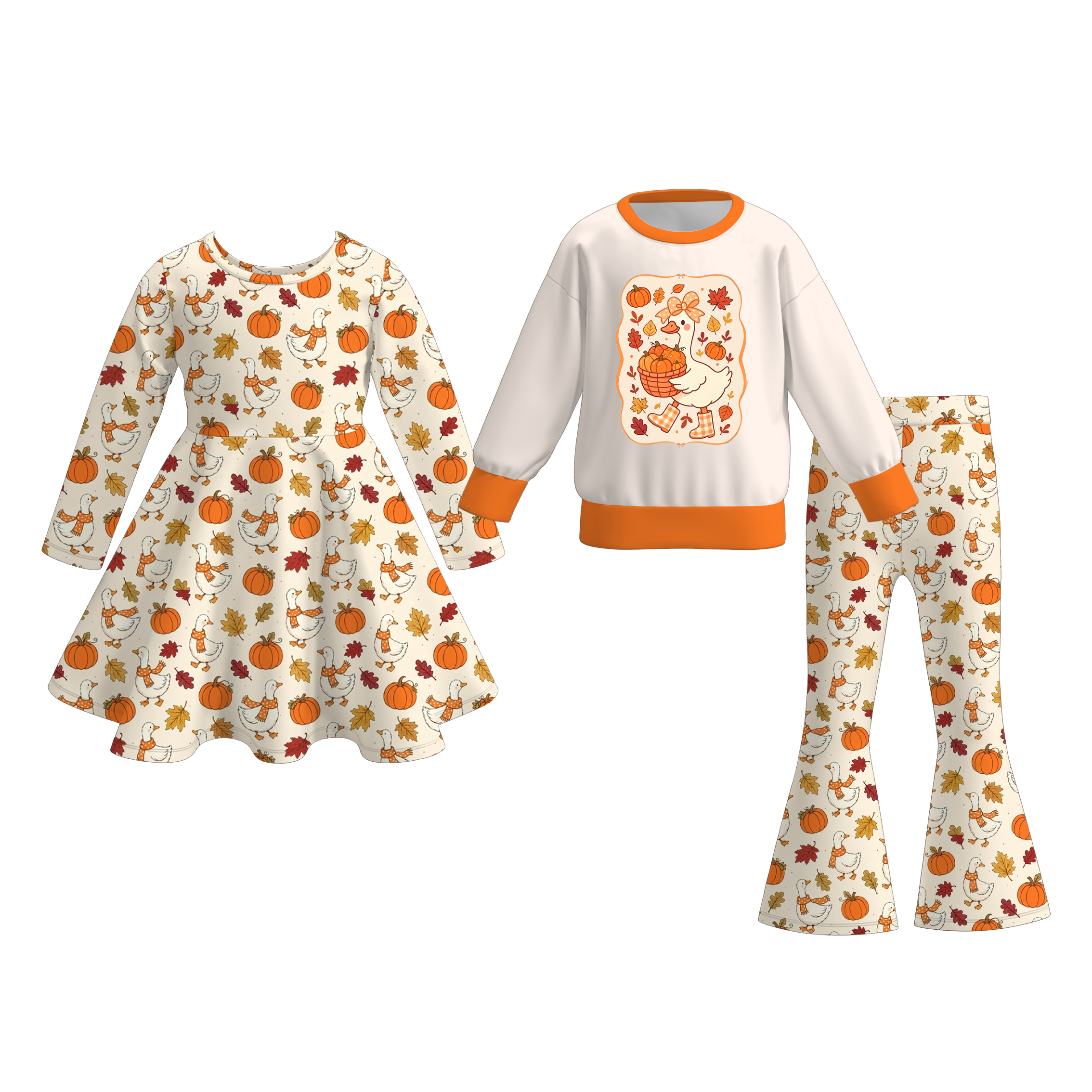 (Pre Order)Girls Fall Pumpkin Print Dress&Sweatshirt Set