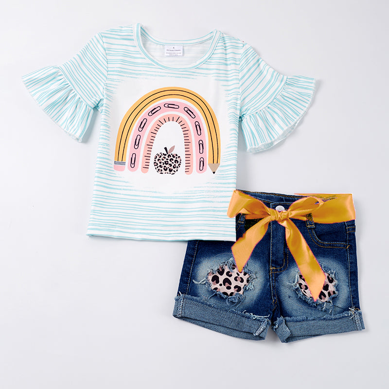 (In Stock)Girls Summer Back To School Girls Jeans Shorts Set