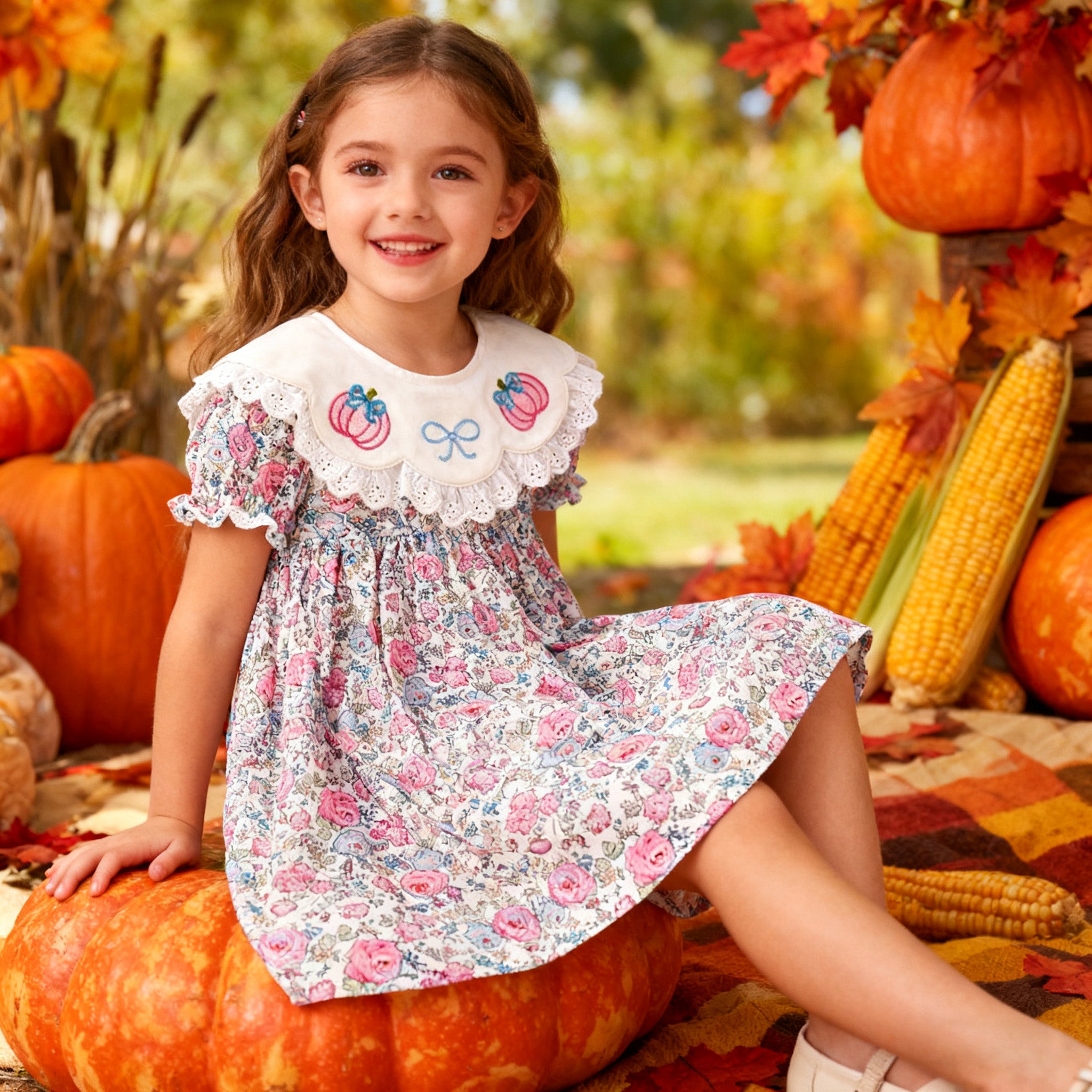 (In Stock)Girls Halloween&Thanksgiving Pumpkin Embroidery Dress
