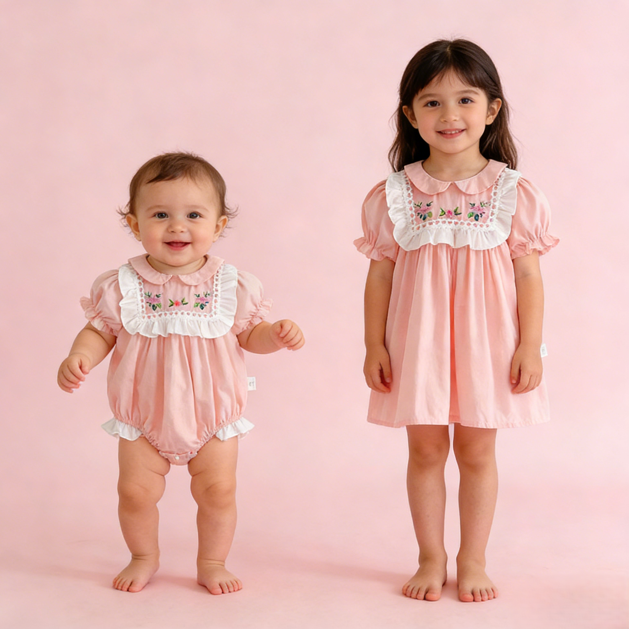 (In Production)Sisters Spring&Summer Floral Embroidery Ruffle Dress,Romper