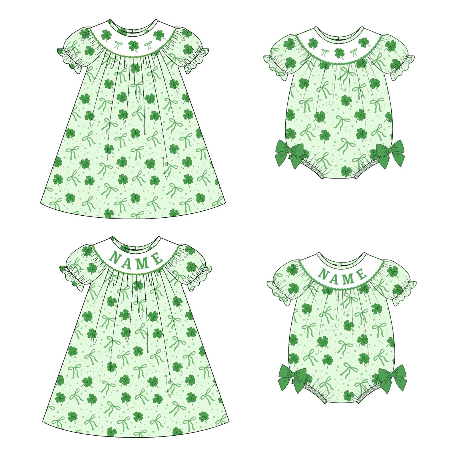 (Pre Order)Sisters St. Patrick's Day Shamrock Embroidery Smocked Dress&Romper