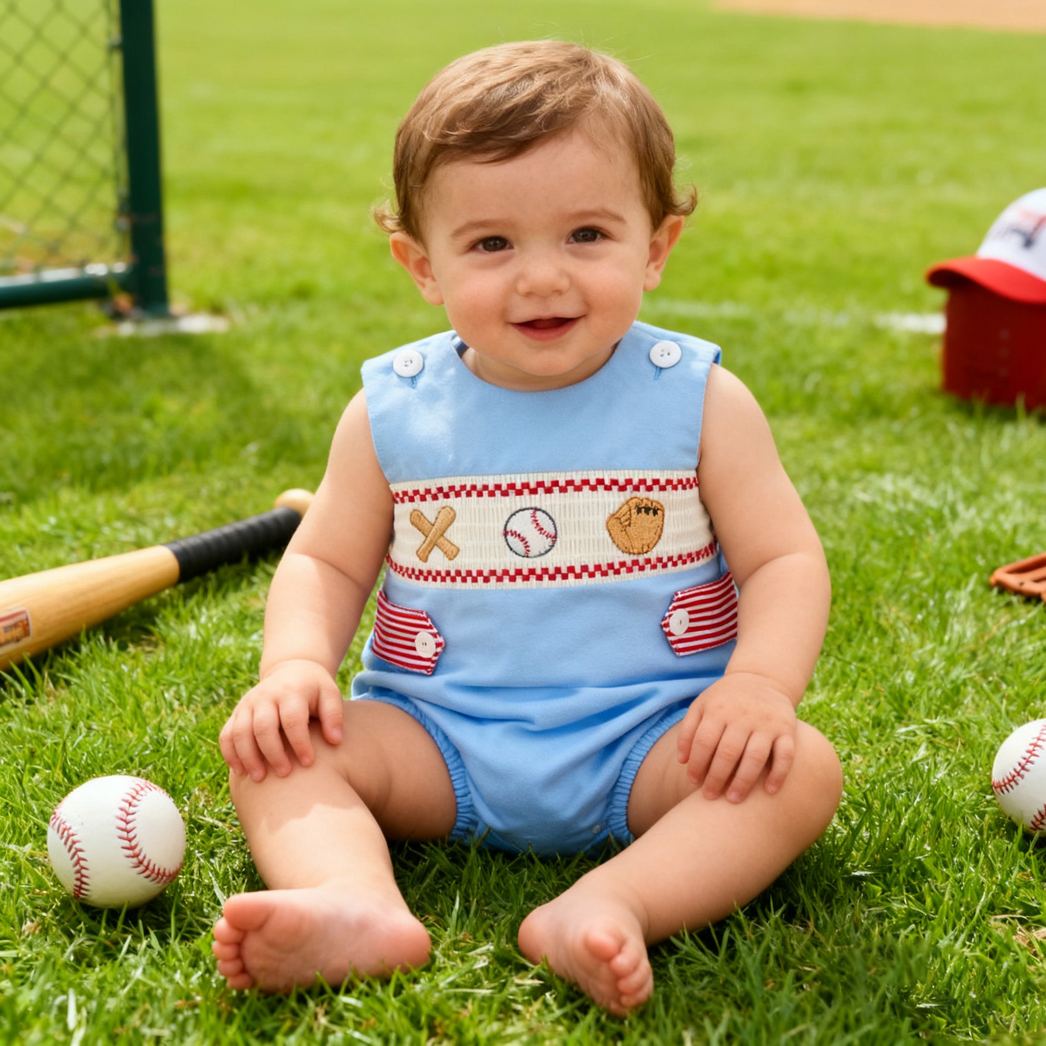 (In Stock)Toddler Boys Baseball Embroidery Smocked Romper
