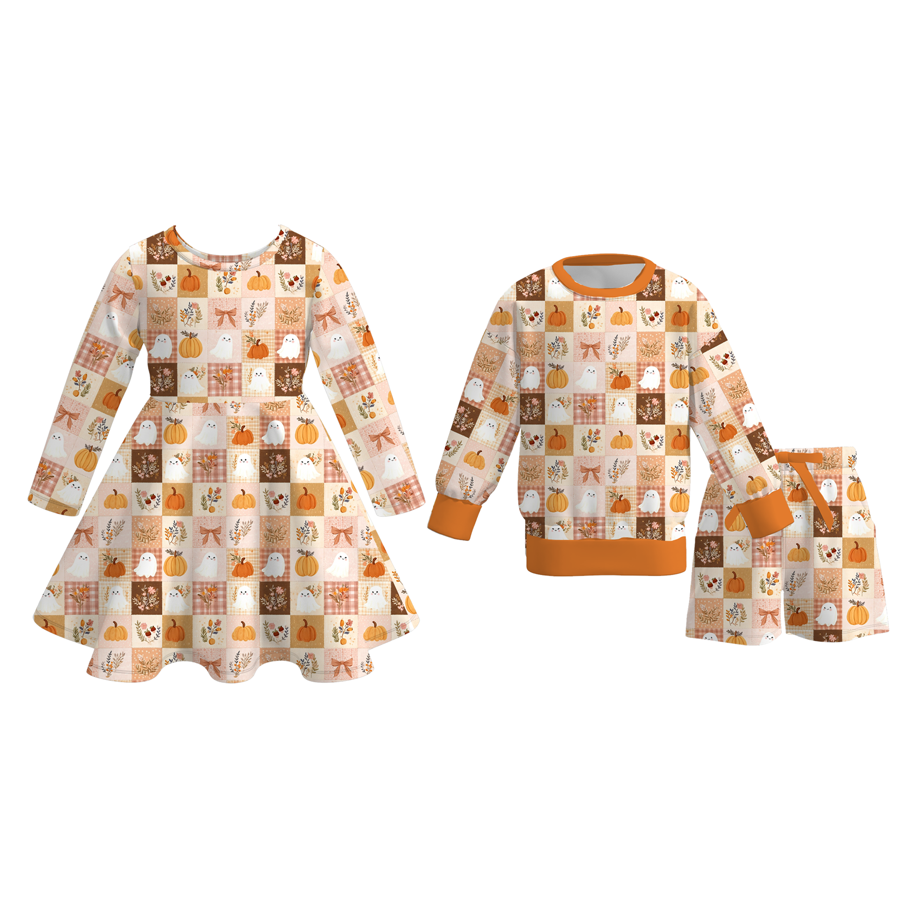 (Weekly Pre-Order)Girls Fall Halloween Print Dress&Shorts Set