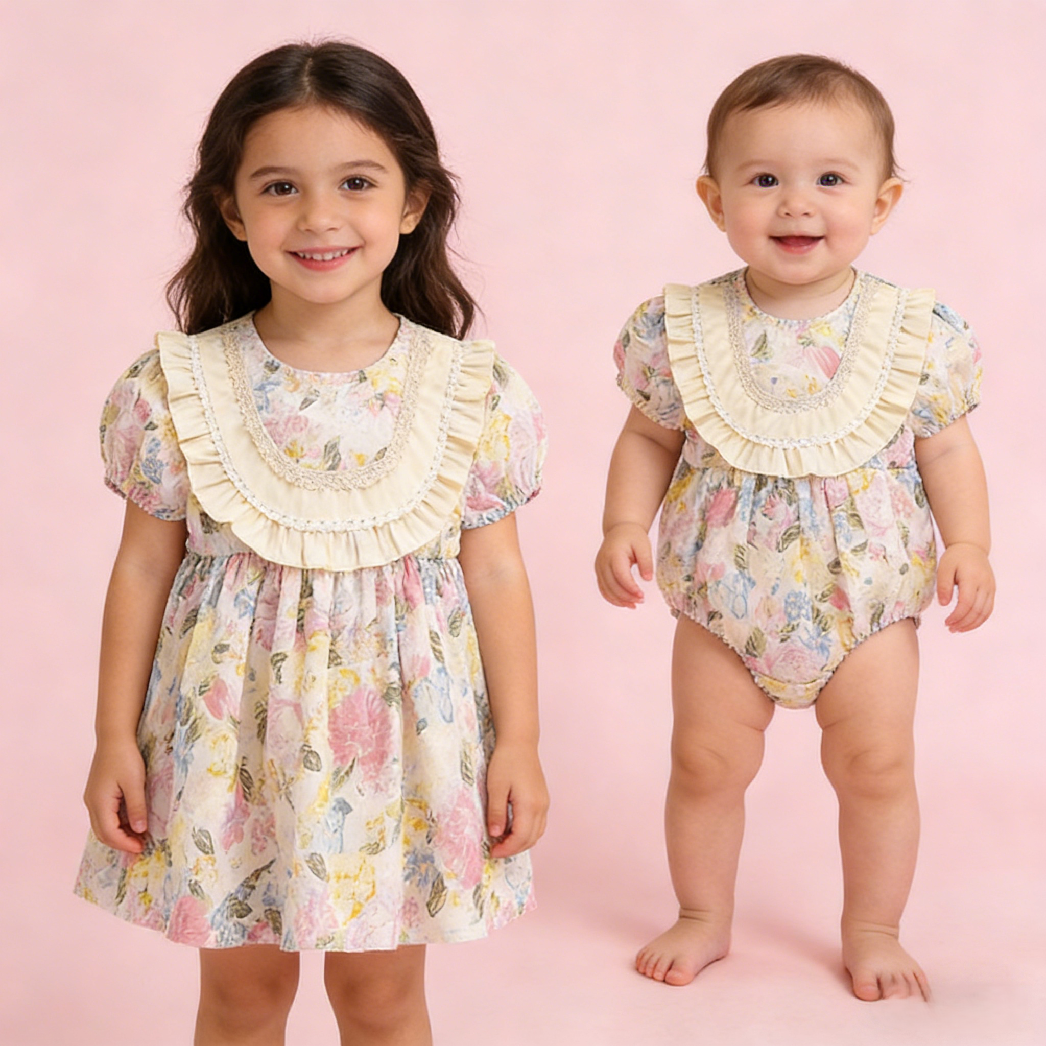 (In Production)Sisters Spring&Summer Floral Print Ruffle Dress,Romper