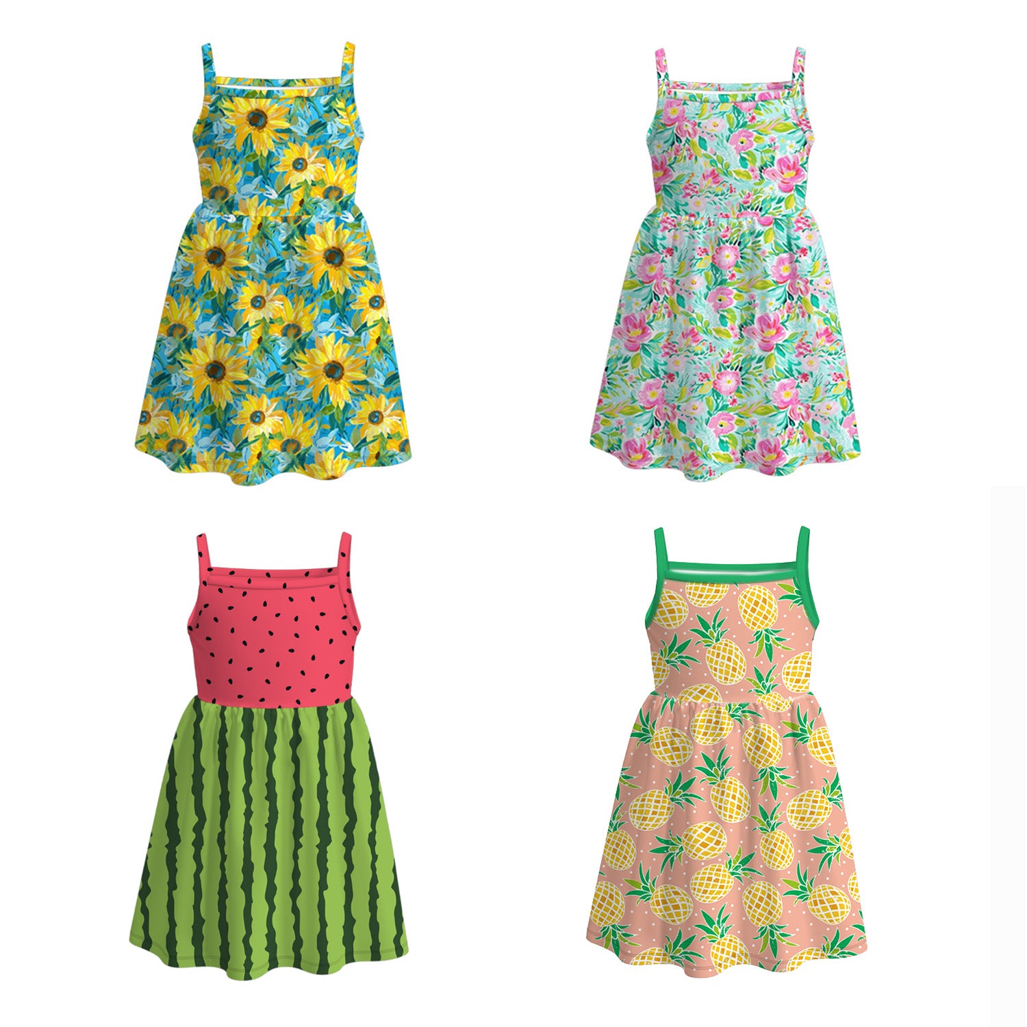 (Pre Order)Girls Spring and Summer Floral&Fruit Print Slip Dress