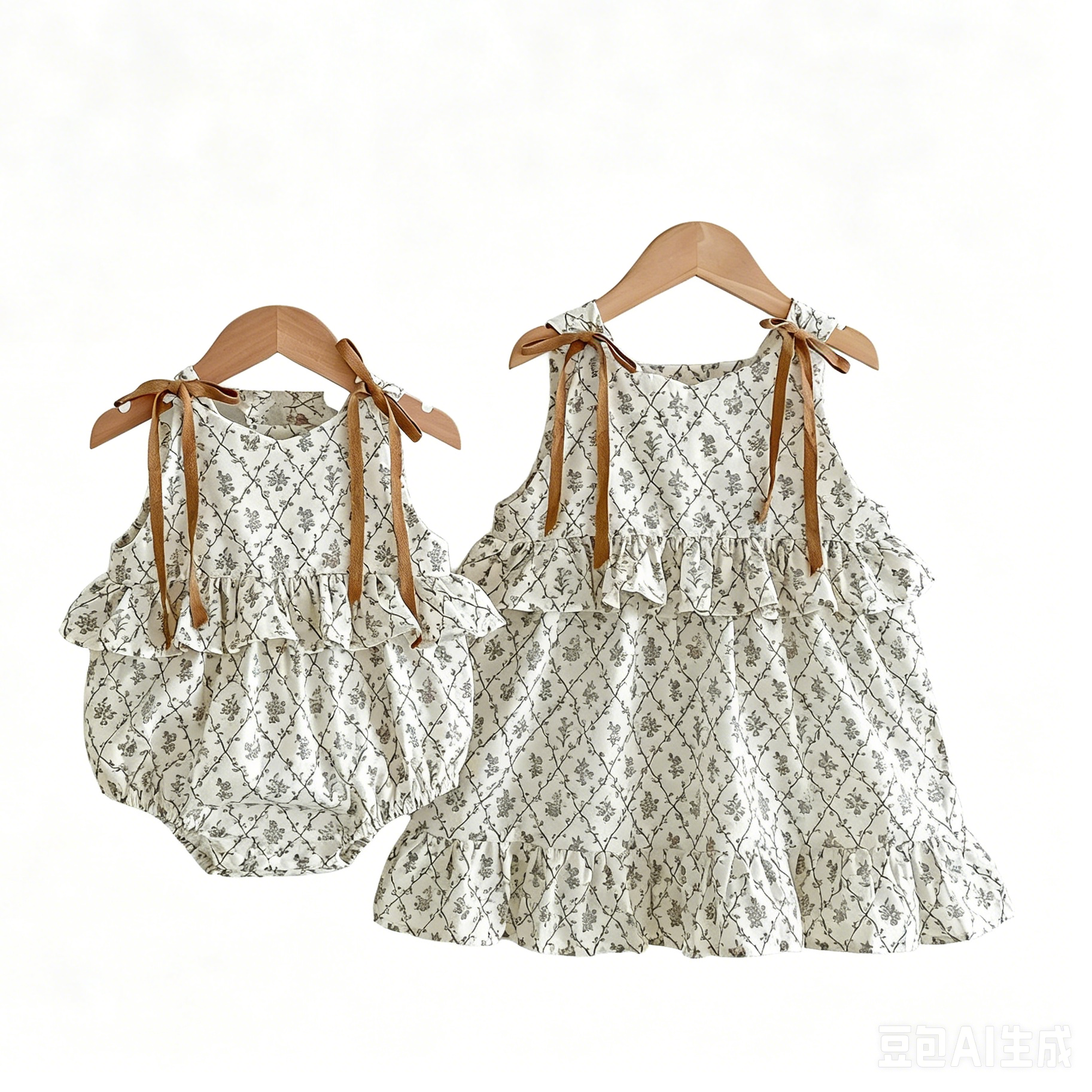 (In Production)Sisters Summer Ruffle Bow Dress&Romper