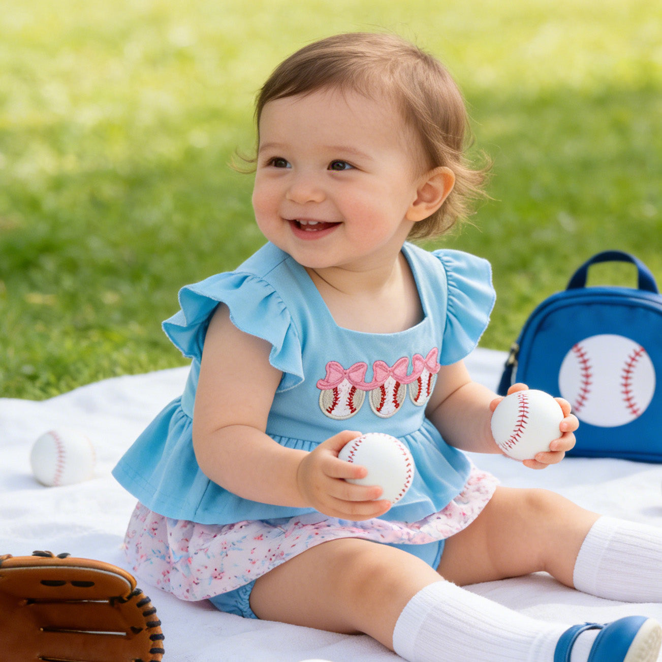 (In Stock)Toddler Girls Spring&Summer Baseball Applique Ruffle Romper