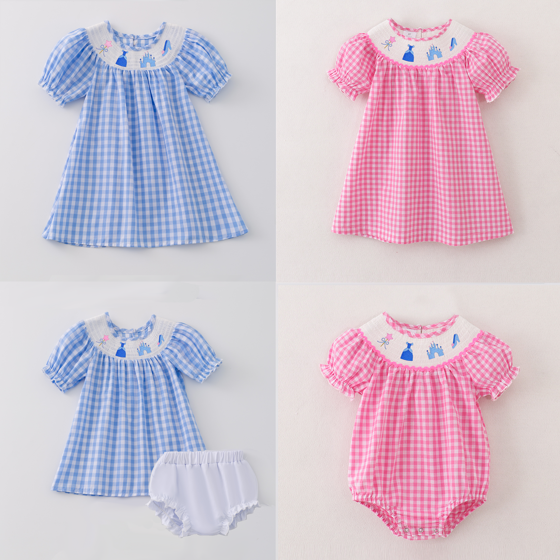 (Pre Order)Girls Spring Princess Embroidery Smocked Dress Romper