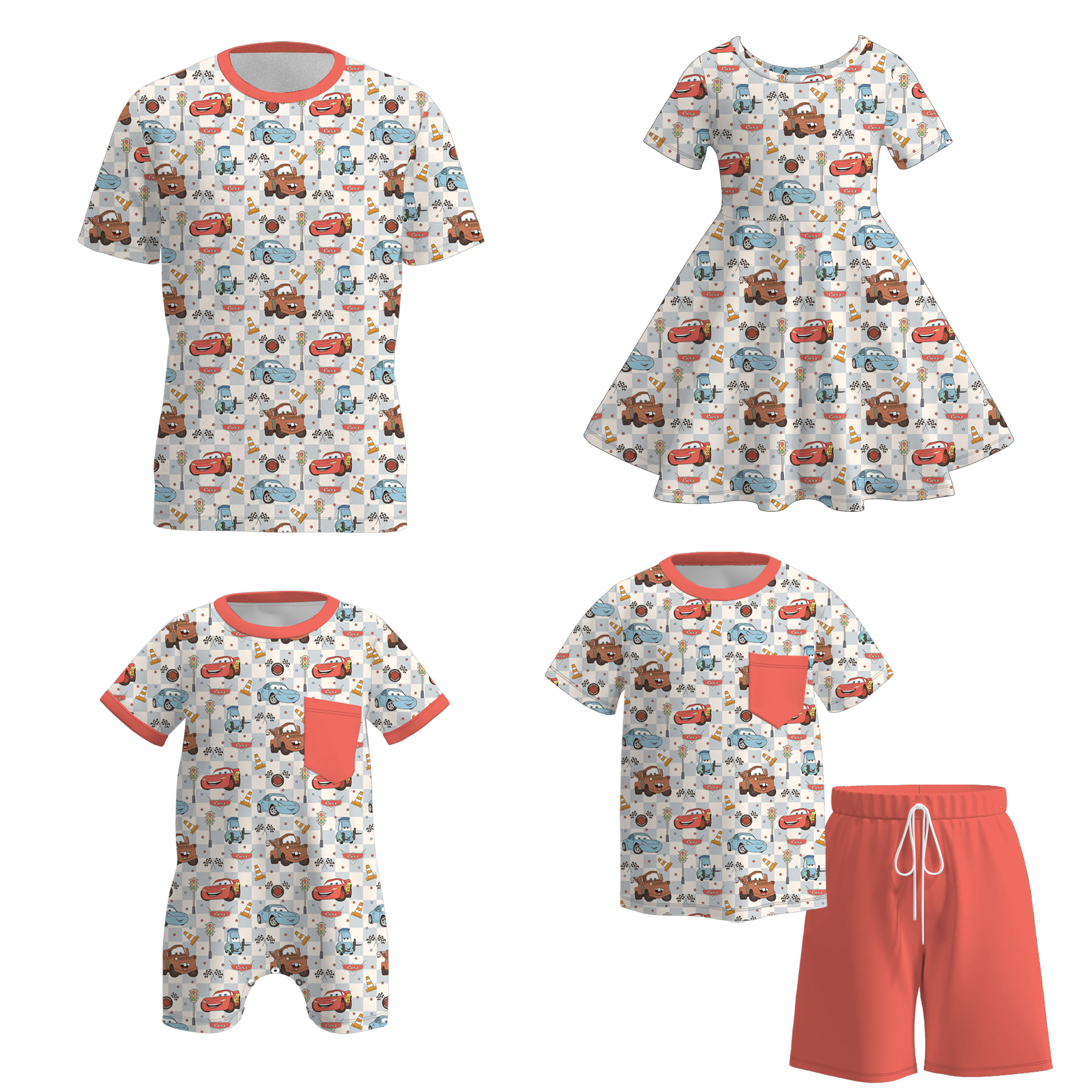 (Pre Order)Family Spring&Summer Cartoon Car Print Dress,Set,Romper&Top
