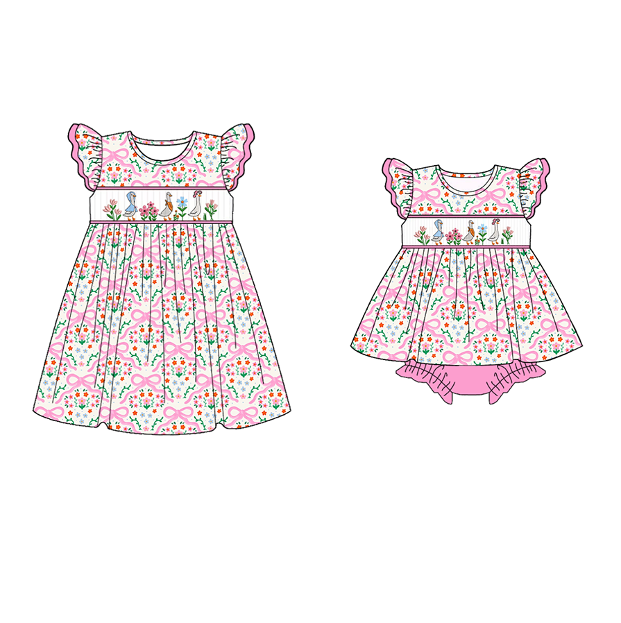 (Pre Order)Sisters Spring and Summer Goose Embroidery Smocked Dress&Bloomer Set