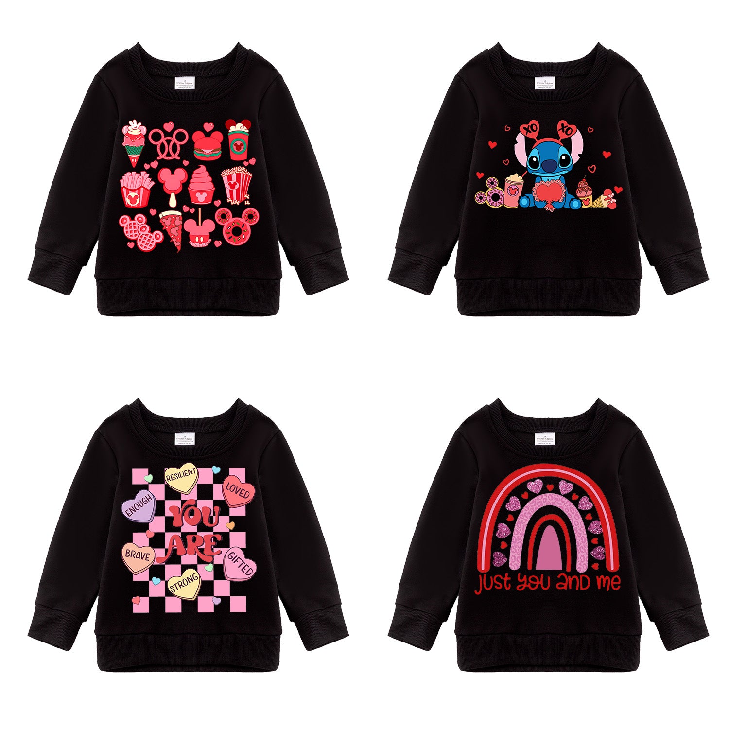 (Pre Order)Girls Valentine's Day Cartoon Print Black Sweatshirt