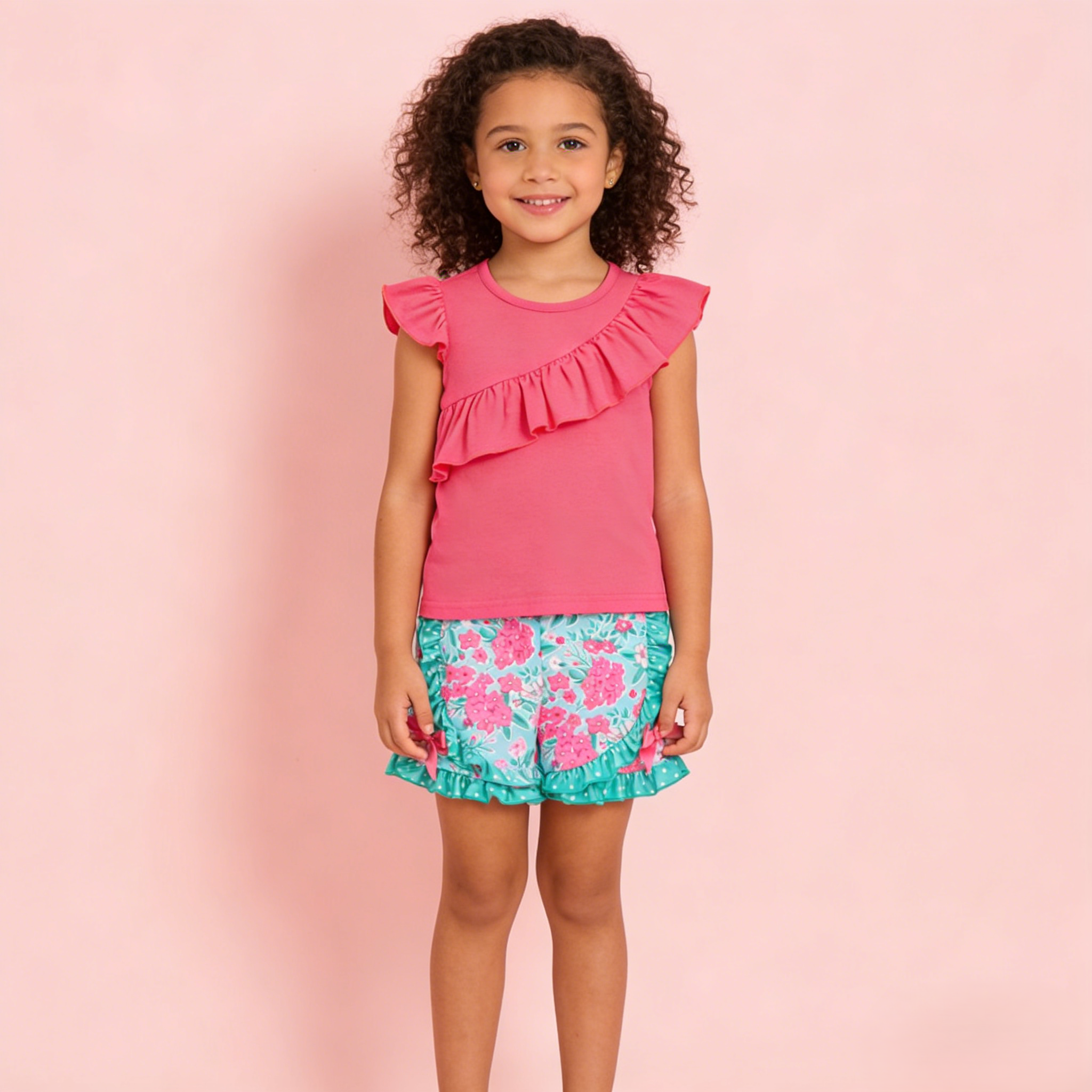 (In Stock)Girls Spring and Summer Melon Floral Print Shorts Set