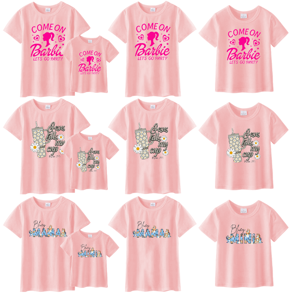 (Pre Order)Mommy & me Cartoon Printed Short Sleeve Pink T-shirt