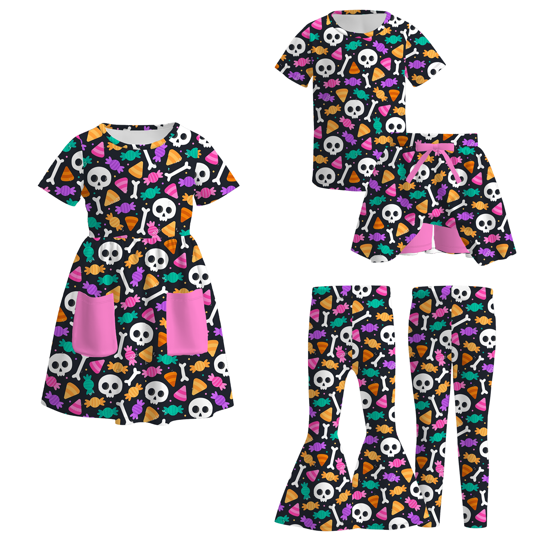 (Pre Order)Girls Halloween Sugar Skull Print Dress,Set&Pants