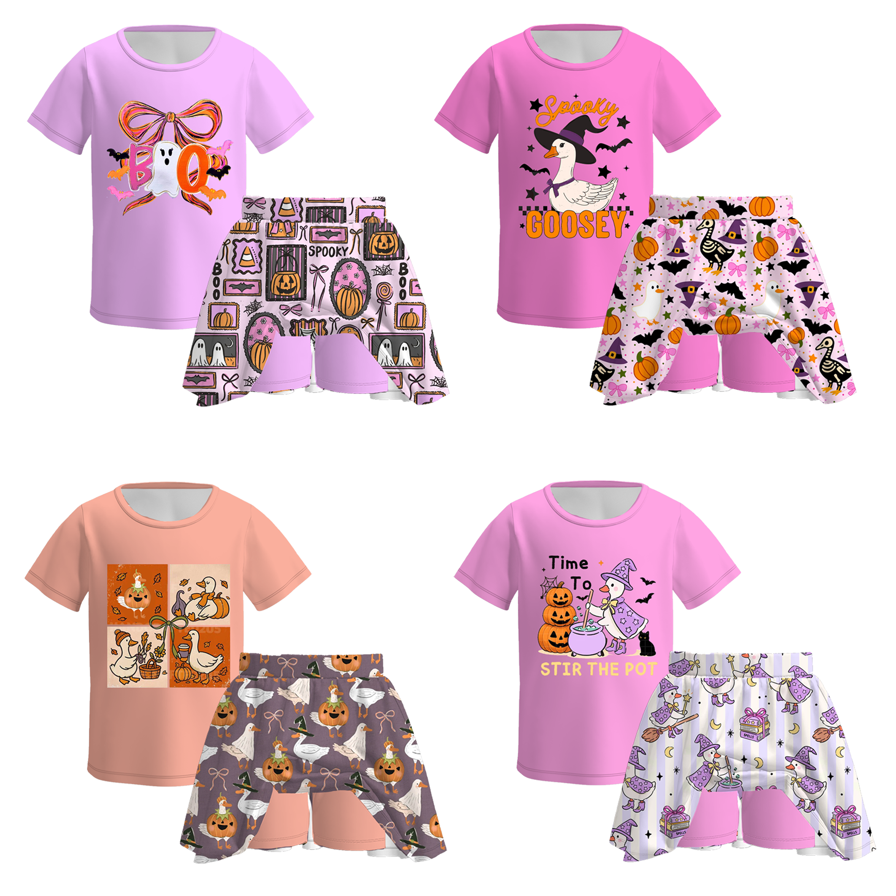 (Pre Order)Girls Halloween Goose Print Skort Set