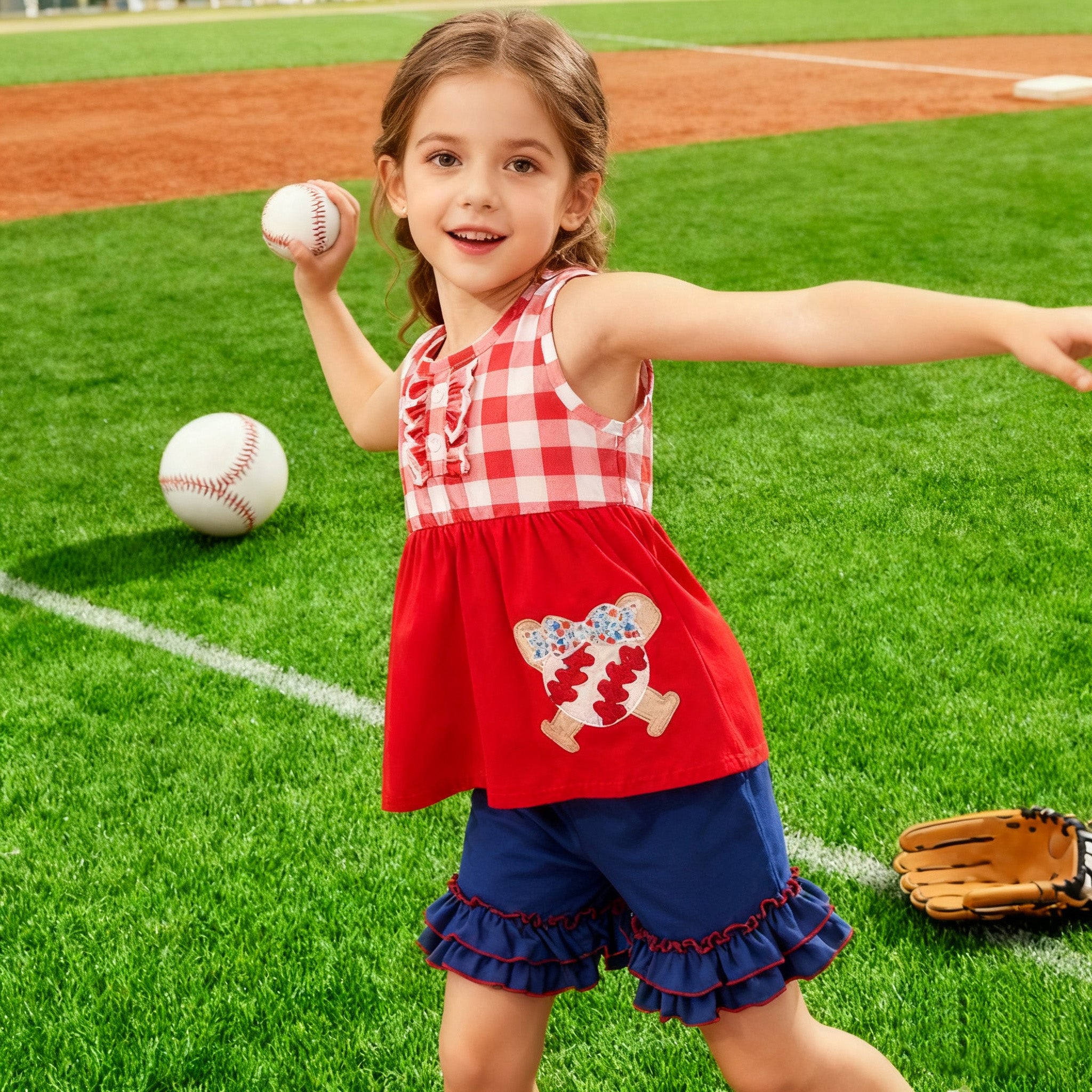 (In Stock)Girls Spring and Summer Baseball Applique Shorts Set