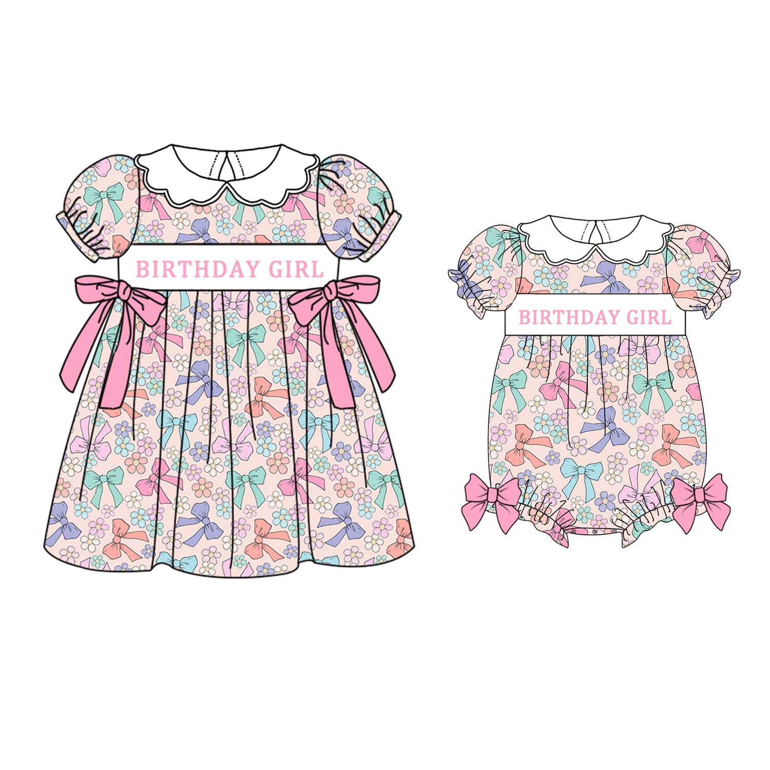 (Pre Order)Sisters Birthday Girl Embroidery Smocked Dress&Romper