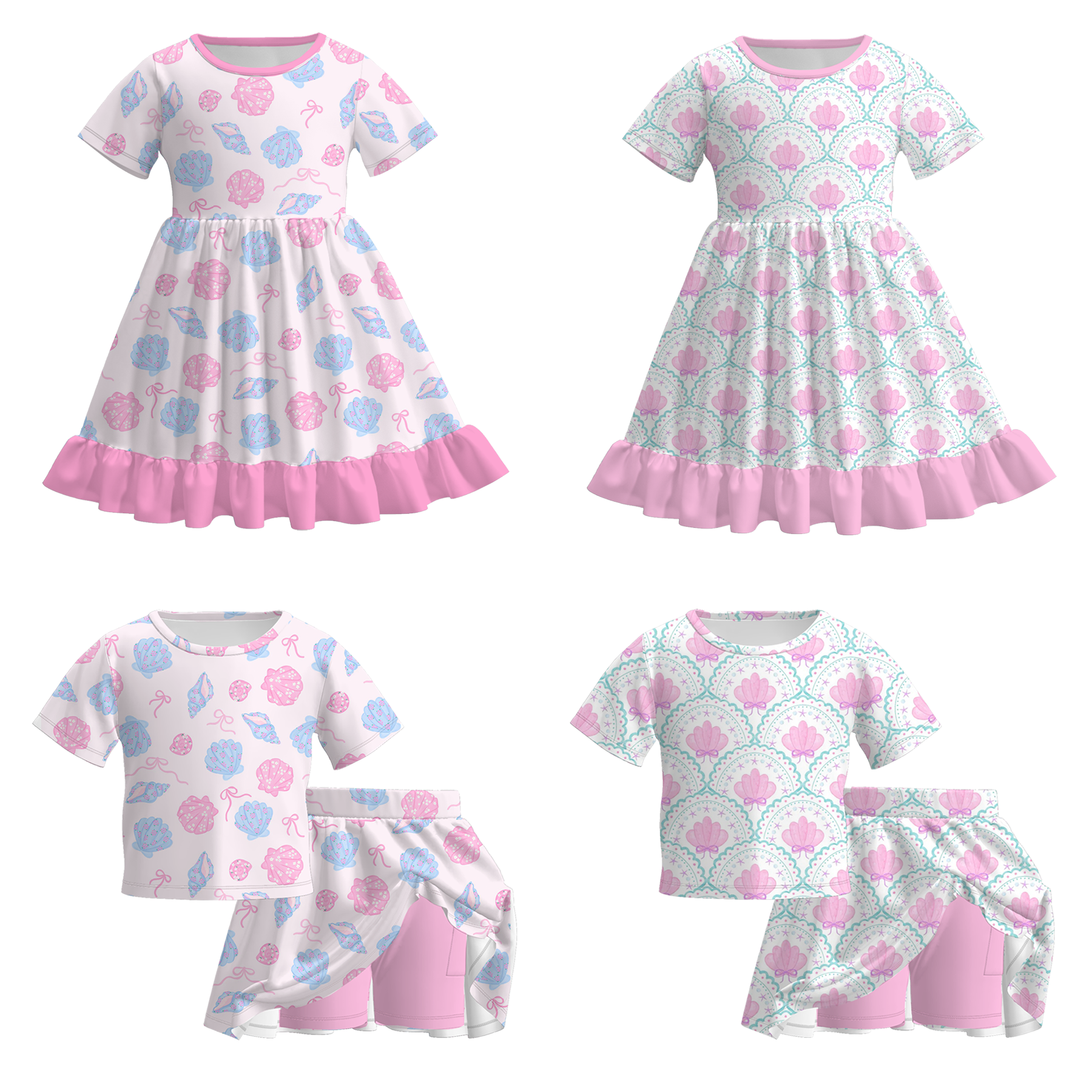(Pre Order)Girls Spring&Summer Seashell Print Dress&Skorts Set