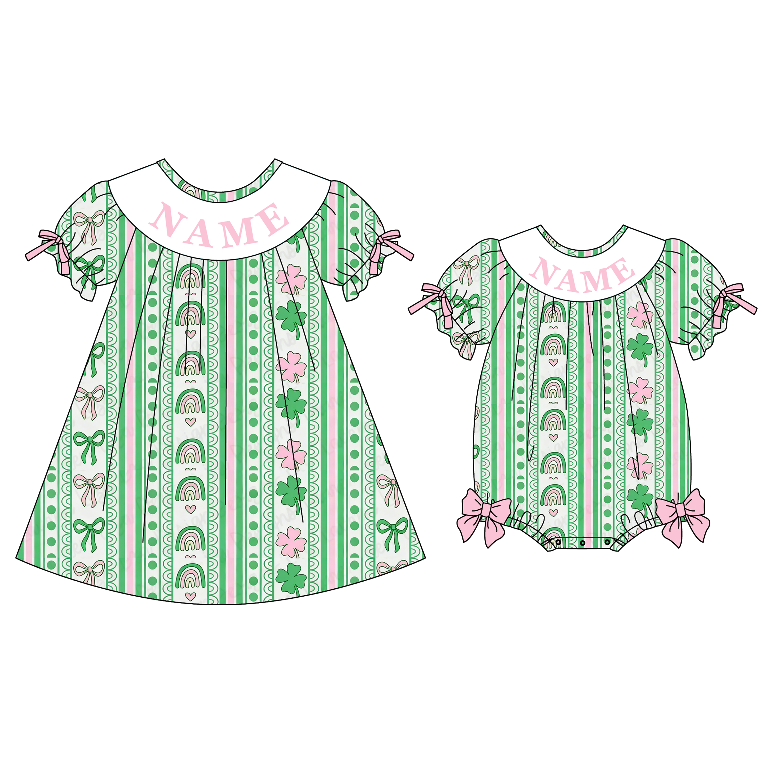 (Pre Order)Sisters St. Patrick's Day Shamrock Embroidery Smocked Dress&Romper