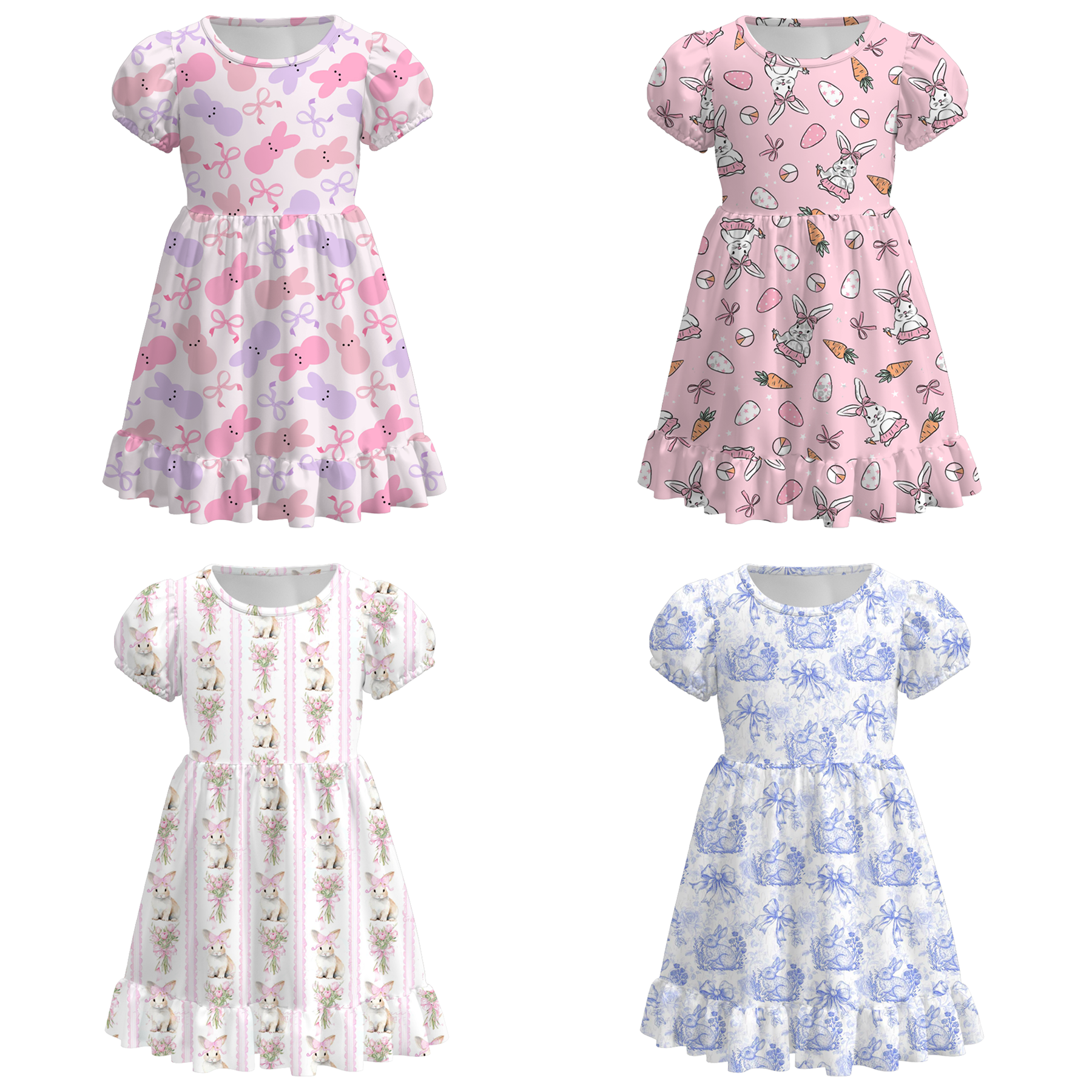 (Pre Order)Girls Easter Bunny Print Puffed Sleeves Dress