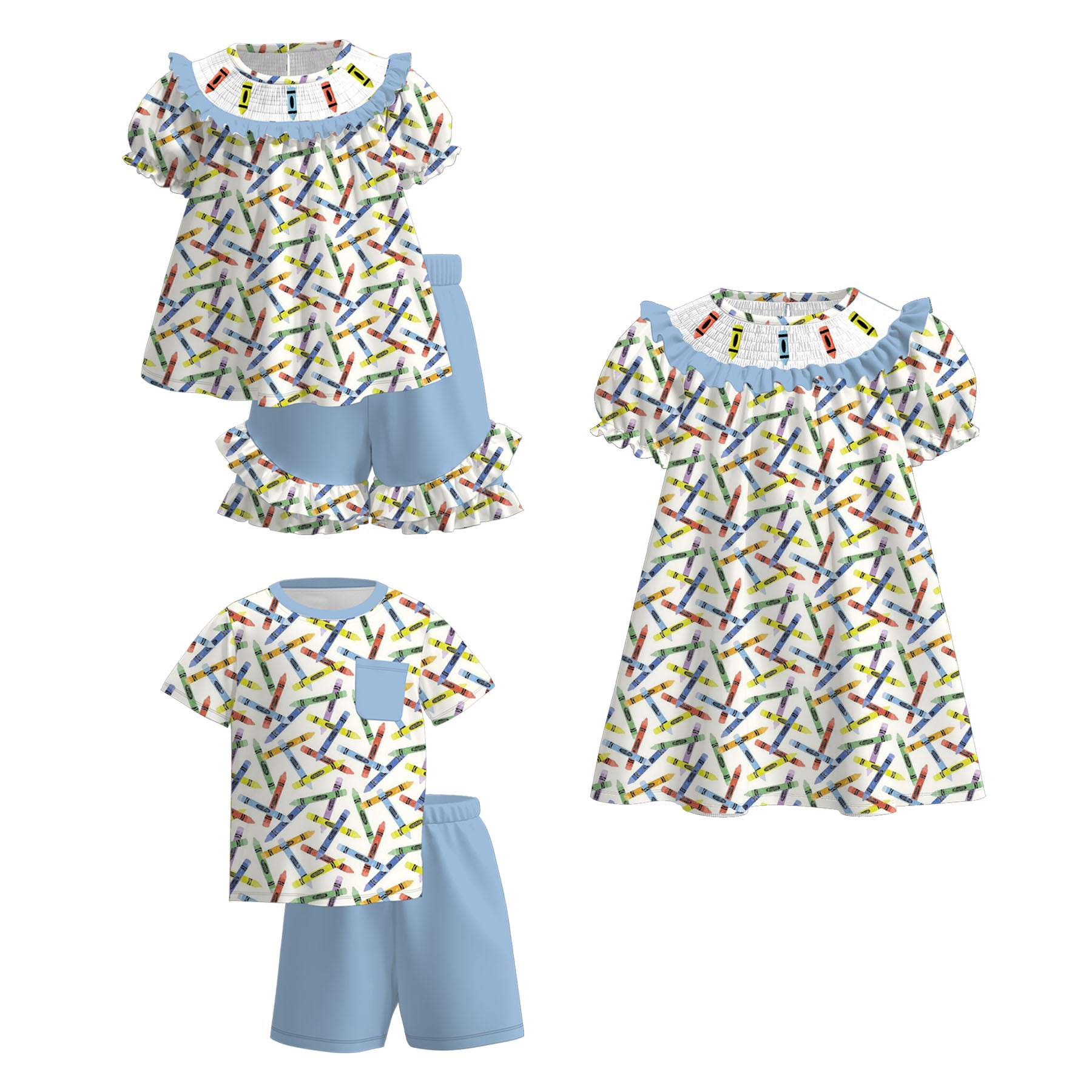 (Pre Order)Siblings Summer Back To School Crayon Embroidery Smocked Dress&Set