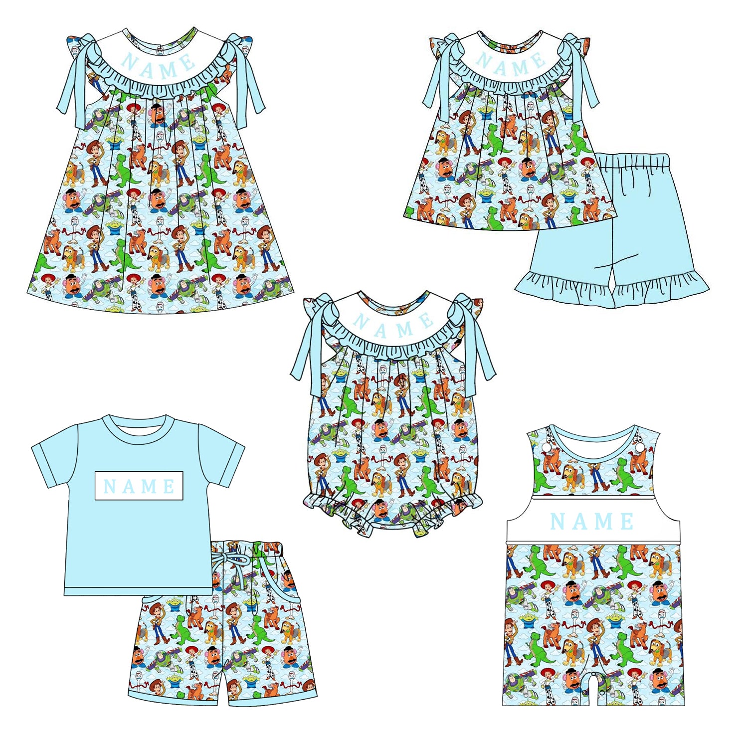 (Pre Order)Siblings Spring&Summer Cartoon Embroidery Smocked Dress,Set&Romper-Customized name