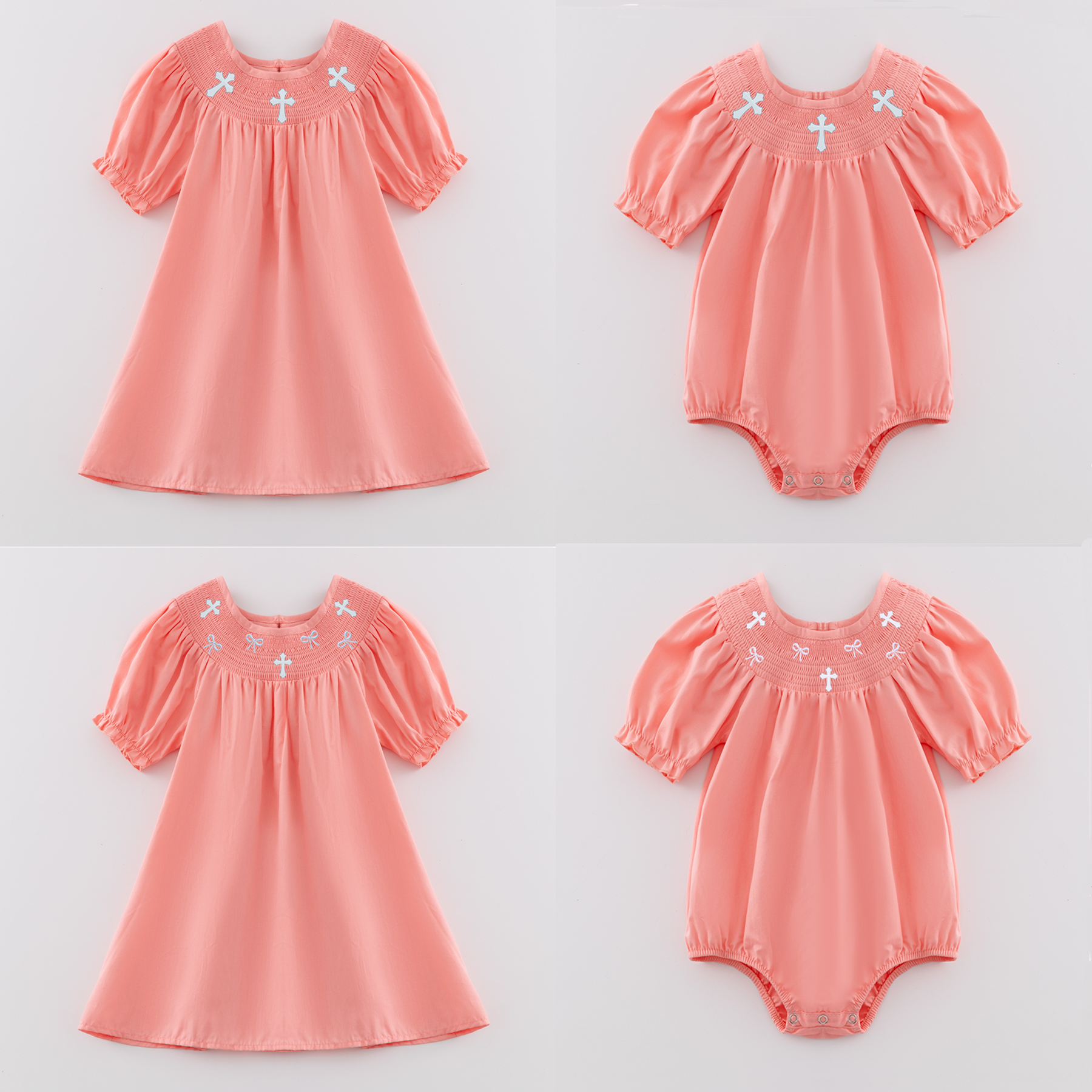 (Pre Order)Sisters Spring and Summer Cross Embroidery Smocked Dress and Romper