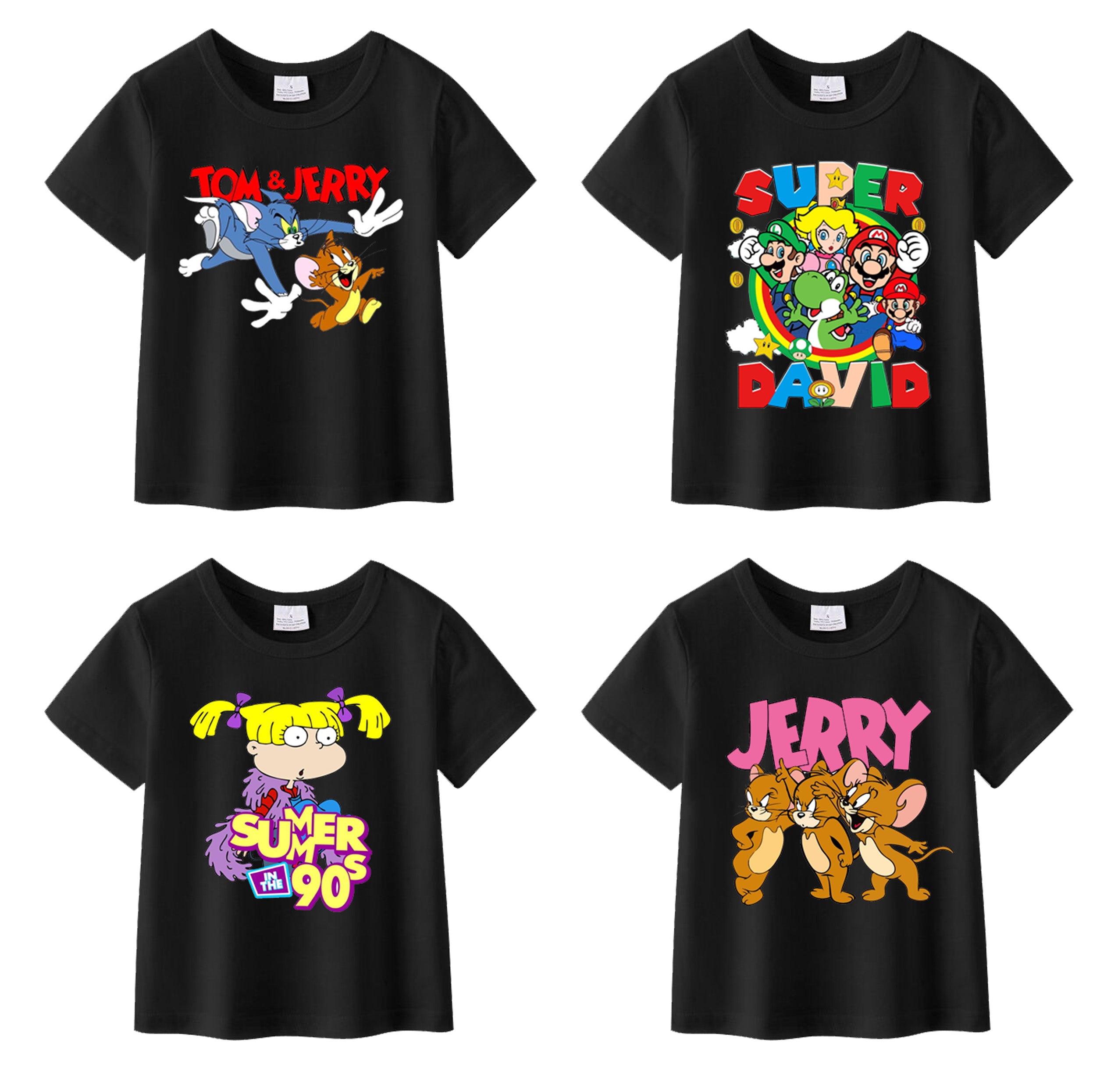 (Pre Order)Summer Girls Black Cotton Cartoon Print T-shirt