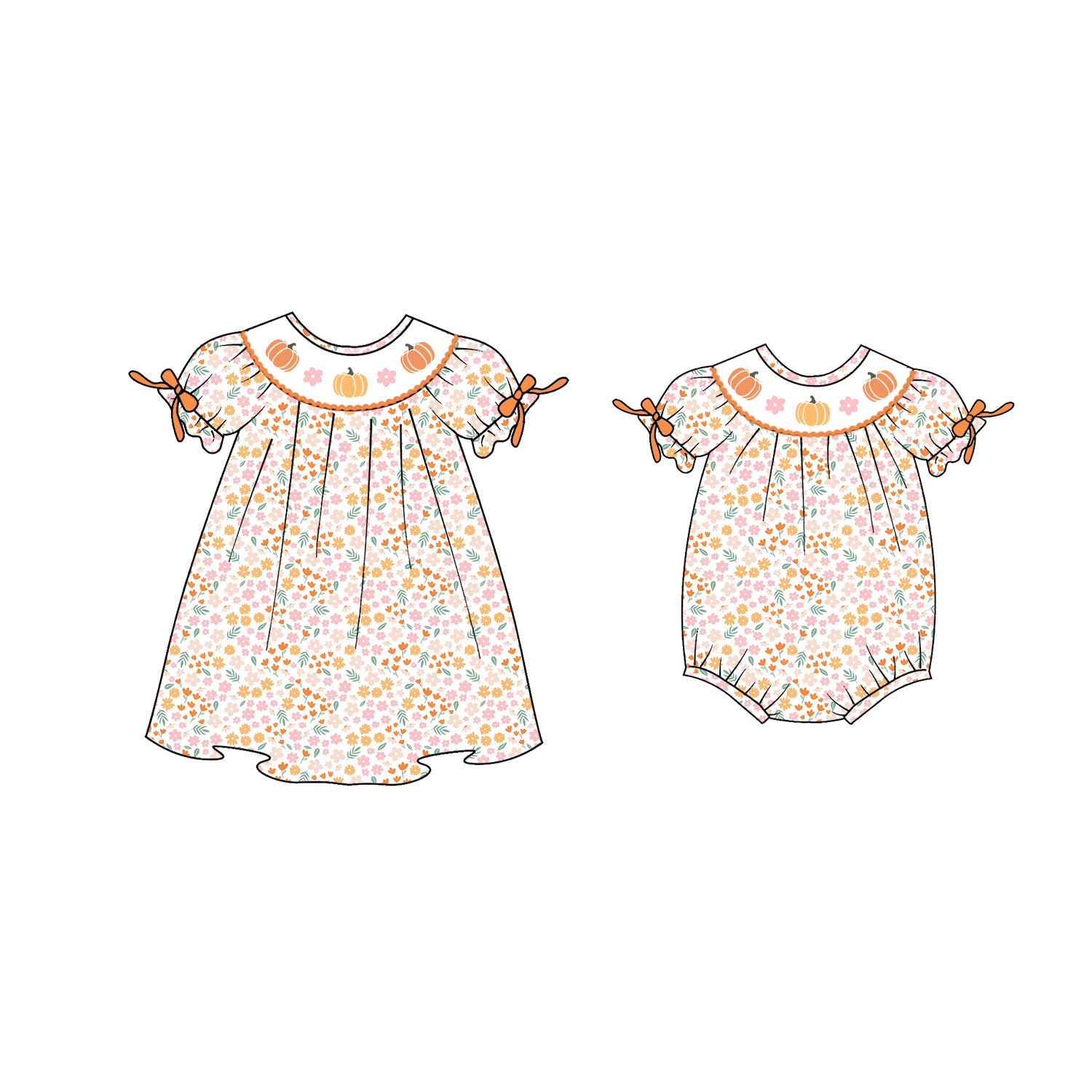 (Pre Order)Girls Halloween&Thanksgiving Embroidery Smocked Dress and Romper